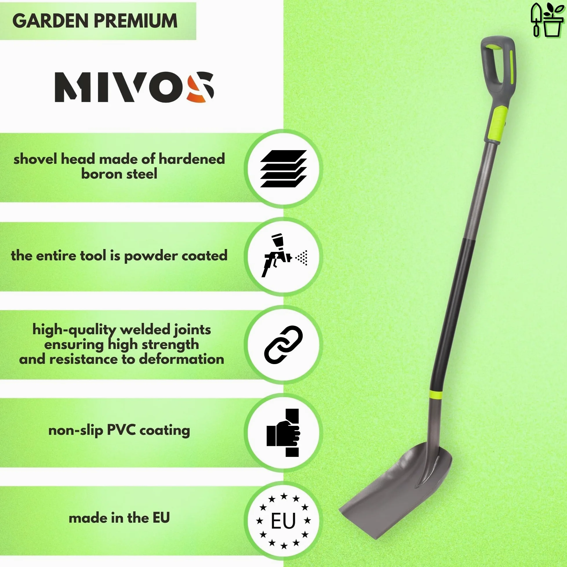 Mivos Pelle de Jardin Carrée Professionnelle en Acier au Bore Trempé - Pelle à Creuser Renforcée - Longueur 124 cm - Manche en Acier et Poignée en D - Made in EU