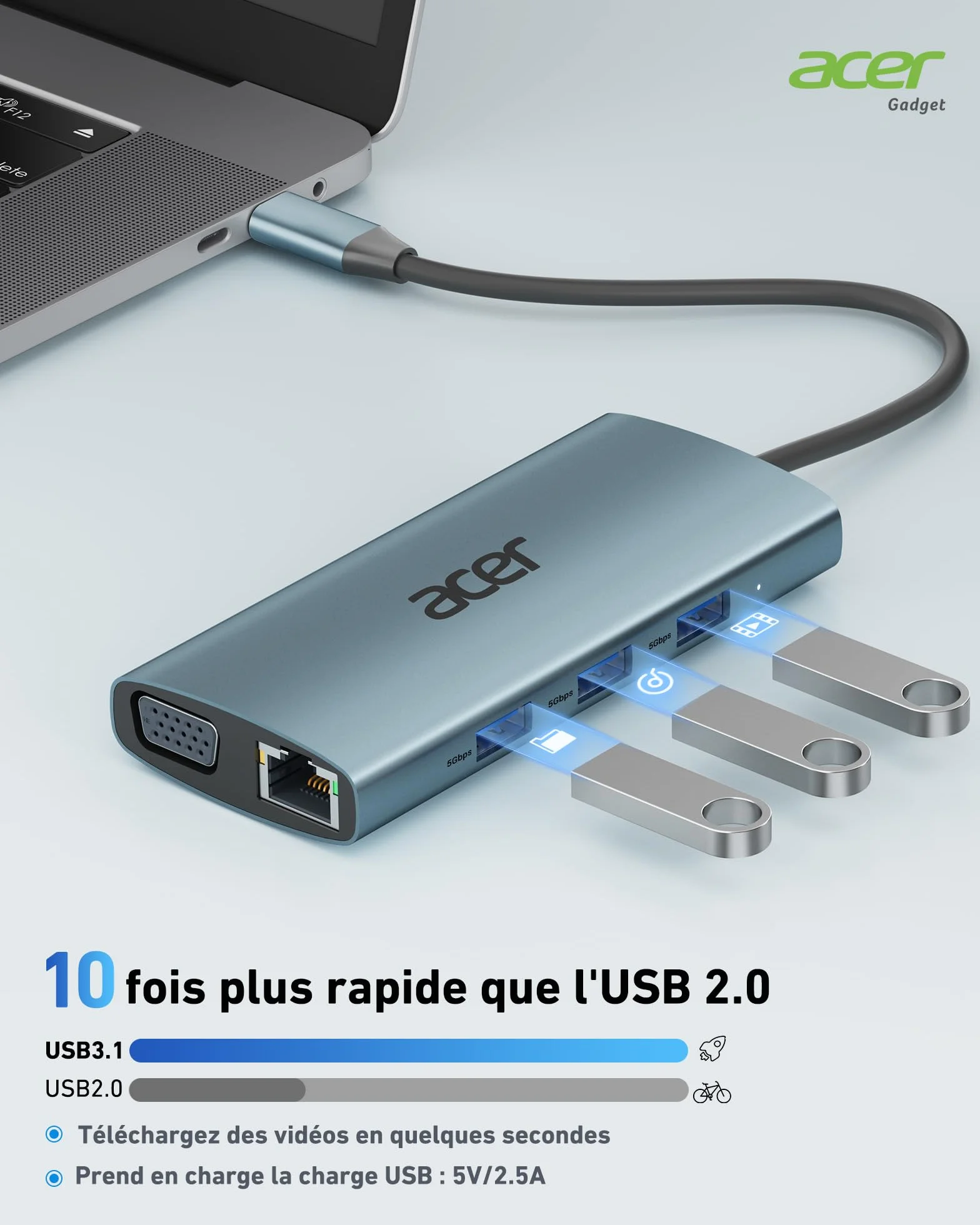 Acer Hub USB C Adaptateur Type C vers HDMI 4K VGA Ethernet RJ45 PD 100W Lecteur de Carte SD/TF 3xUSB 3.0 Station d'accueil USB C