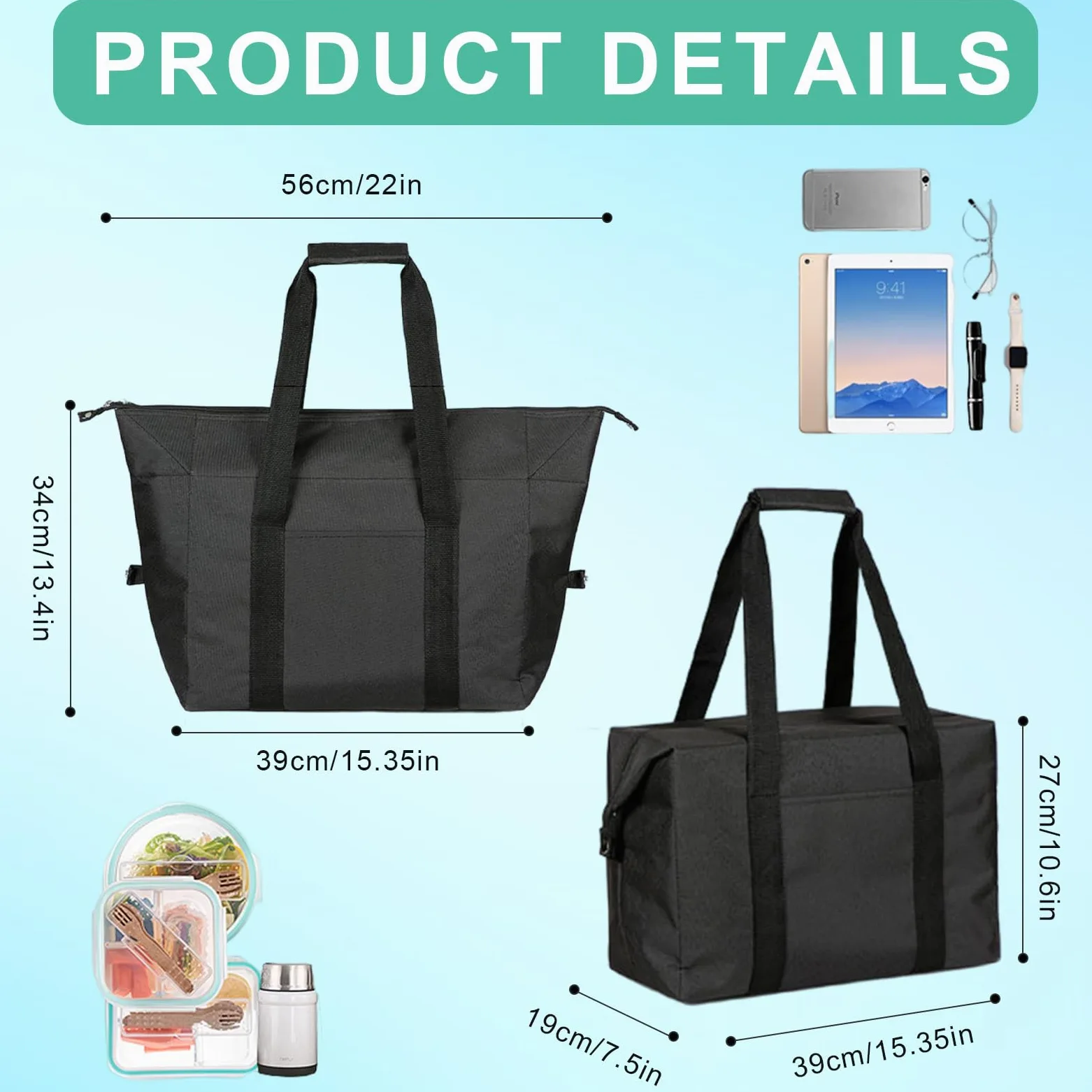 20L Sac Isotherme Course Pliable et Étanche, Grand Sac de Plage Isotherme avec Doublure Rigide, Portable Glaciere Souple Isotherme pour Repas Travail, Pique-nique, Lunch, Camping & BBQ - Noir