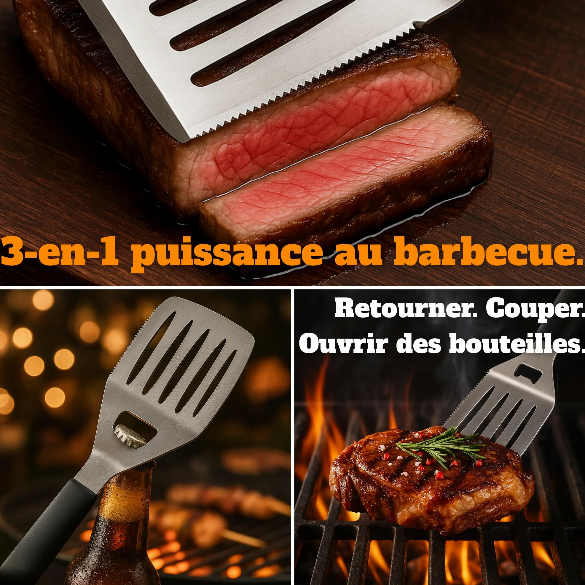 Coffret Barbecue Homme - ustensiles Barbecue INOX dans Une Valise en Bois | Spatule 3-en-1 avec décapsuleur & lame, outils barbecue, cadeau fête des pères & Noël