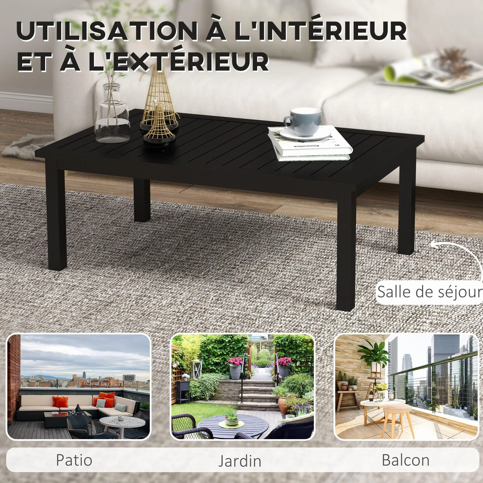 Outsunny Table Basse rectangulaire Jardin Aluminium 100x60x37 cm Noir