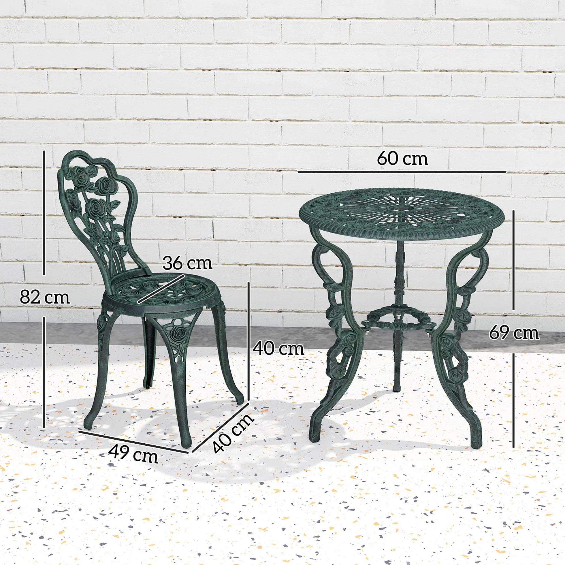 Outsunny Ensemble Salon de Jardin 2 Places Table Ronde Fonte d'Aluminium Vert Vieilli