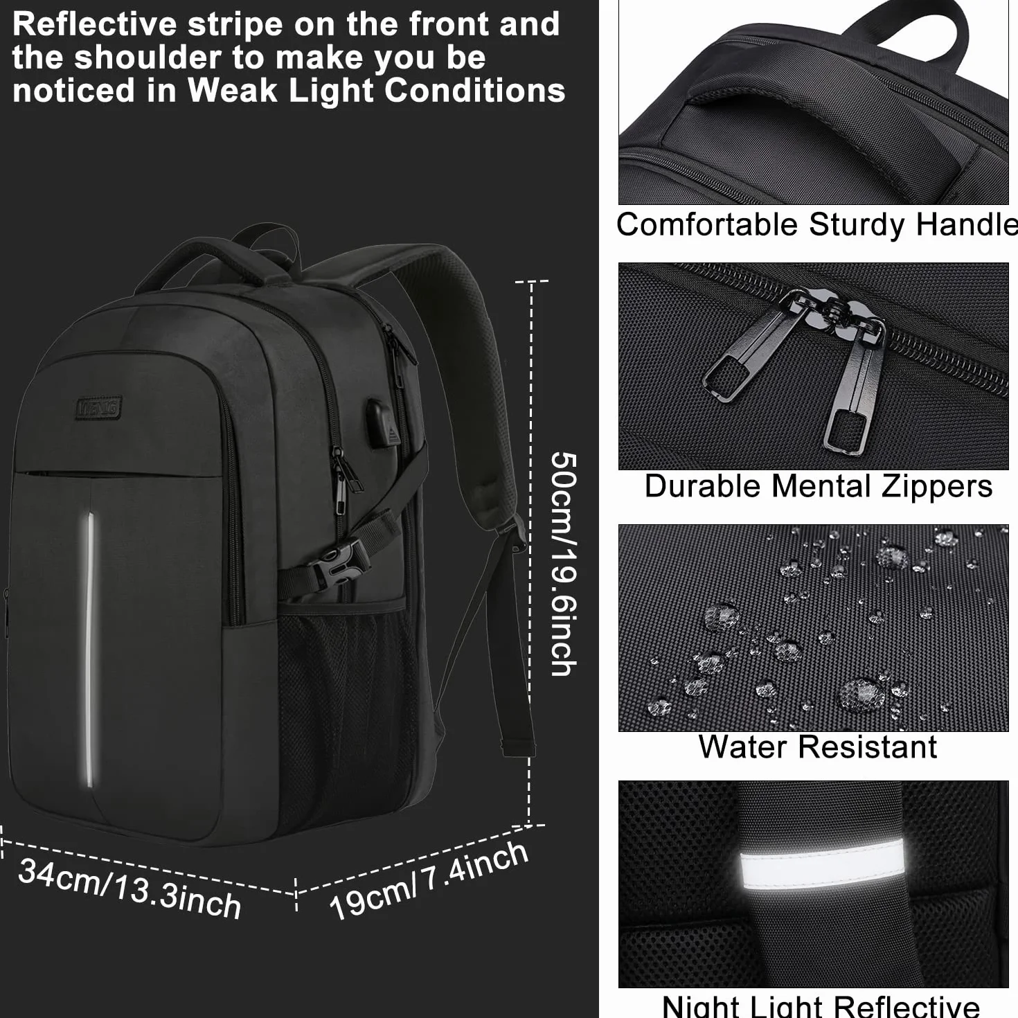 Sac à Dos Ordinateur Portable 17.3 Pouces 50L Antivol Imperméable USB Voyage Homme Femme Noir
