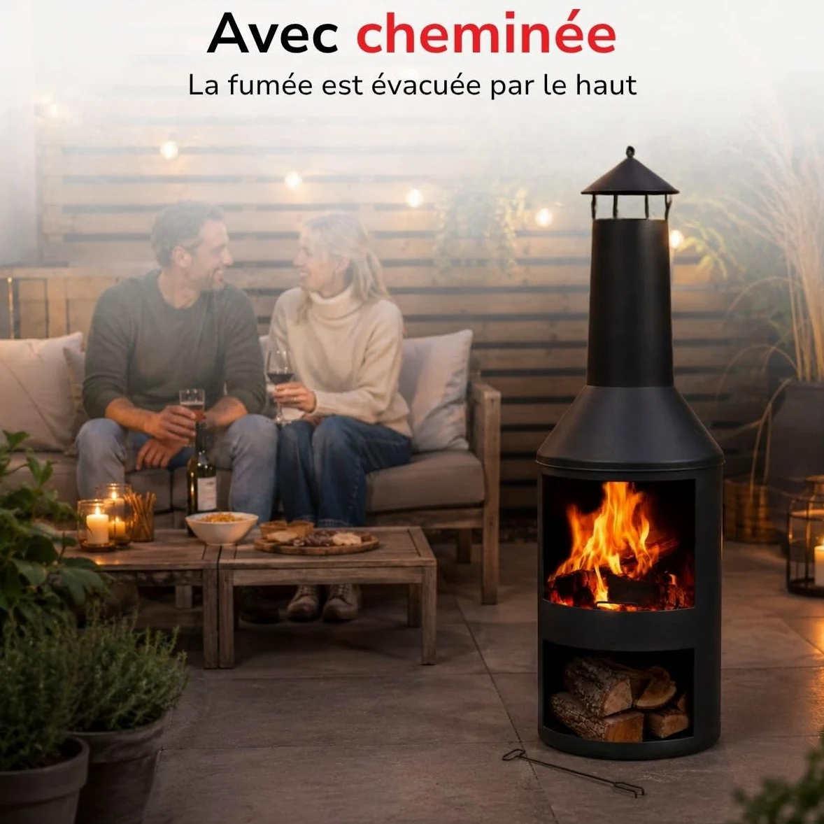 BBQ Collection Brasero 134 x 44,5 cm - Incinerateur de Jardin sur Pied - Decoration Jardin et Terrasse Exterieur - avec Cheminée - Rangement de Bois - Acier au Carbone