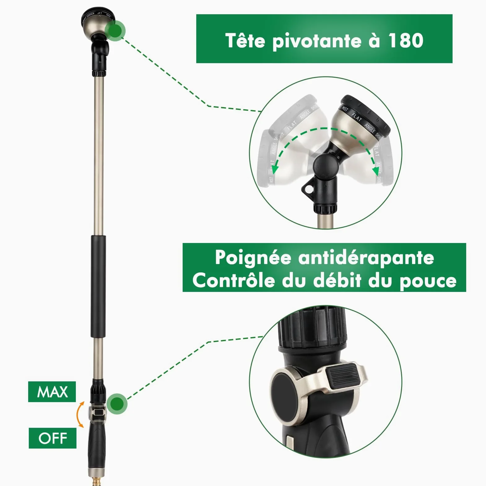 RESTMO Pistolet d'arrosage de jardin en métal extra-longue 92 cm | Avec sa buse rotative à 180°,10 modes de pulvérisation et son contrôle du débit, l'arrosage des paniers suspendus arbustes.
