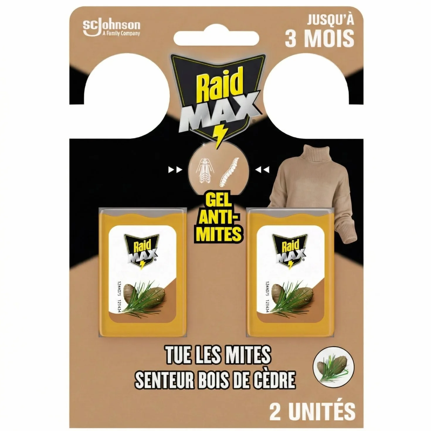 Raid Max Gels Anti-Mites Parfum Bois De Cèdre Protège Vêtements 3 Mois Woolmark 2 Gels