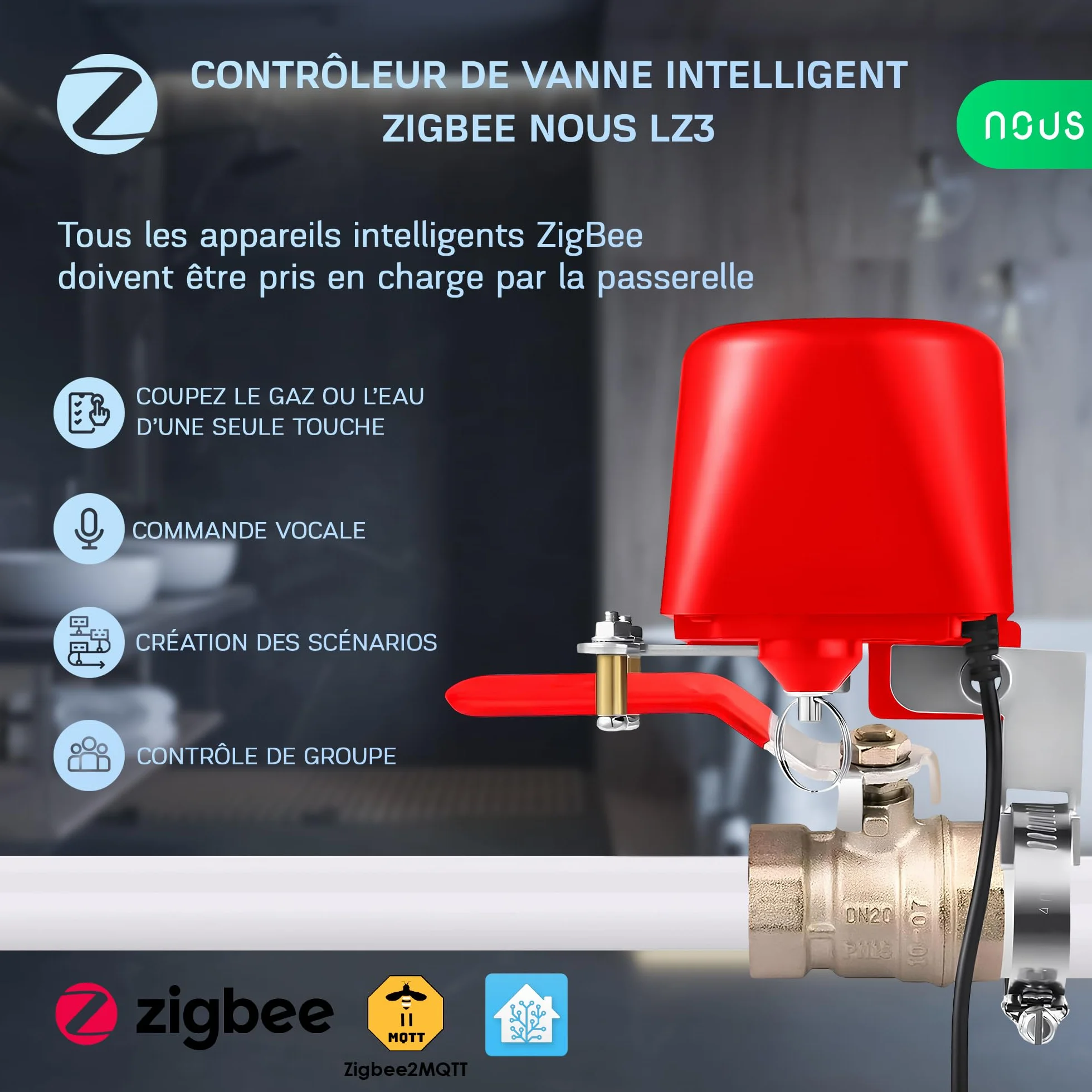NOUS LZ3 Vanne d'eau ZigBee Compatible Google Assistant Alexa Tuya Smart Life Programmateur Irrigation