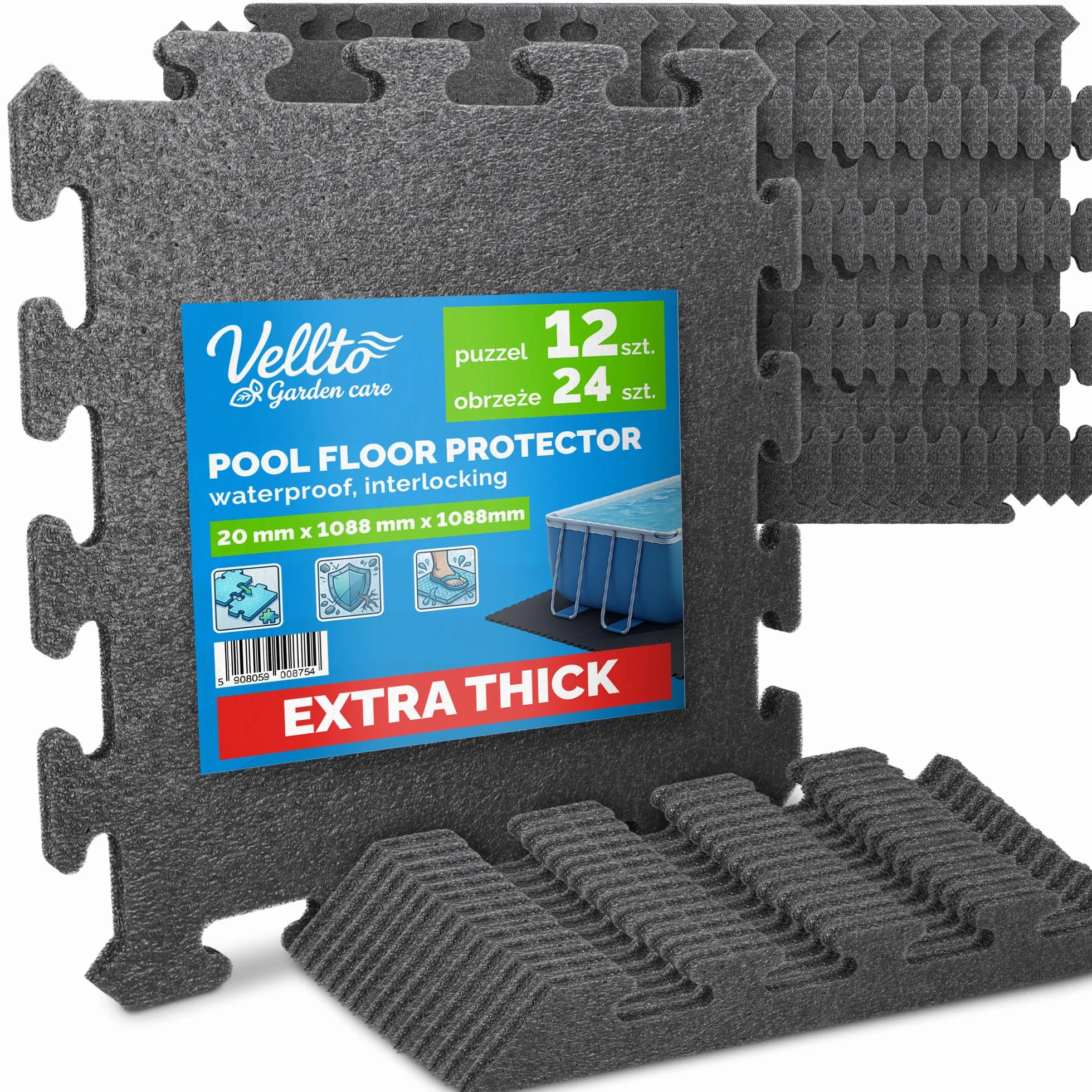 Dalle Mousse 1088 mm x 1088 mm 2 cm Épaisseur Tapis 12x Puzzle Protection Sol Fitness Piscine Fond Revêtement Modulaire Amortissant Imperméable sous-Couche Système Emboîtable Doux
