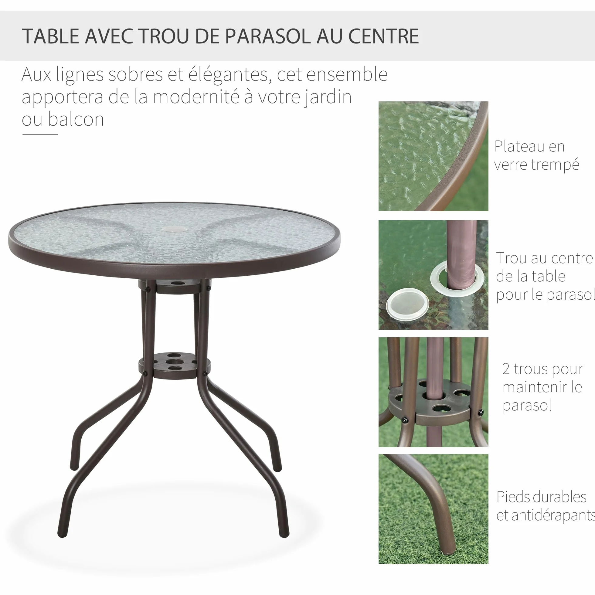 Outsunny Salon de Jardin 6 pièces Table Ronde Chaises Pliables Parasol Acier époxy Polyester Beige