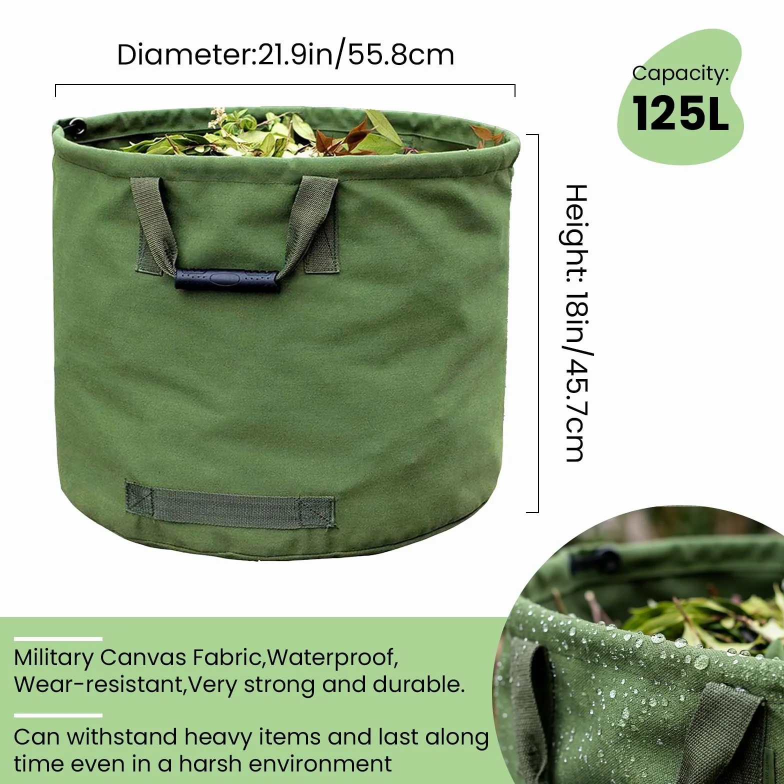 Lot de 3 sacs à déchets de jardin de 125 l pour charges lourdes | Sacs à feuilles robustes en toile militaire indéchirable avec poignées de transport (diamètre 55,8 cm, hauteur 45,7 cm)