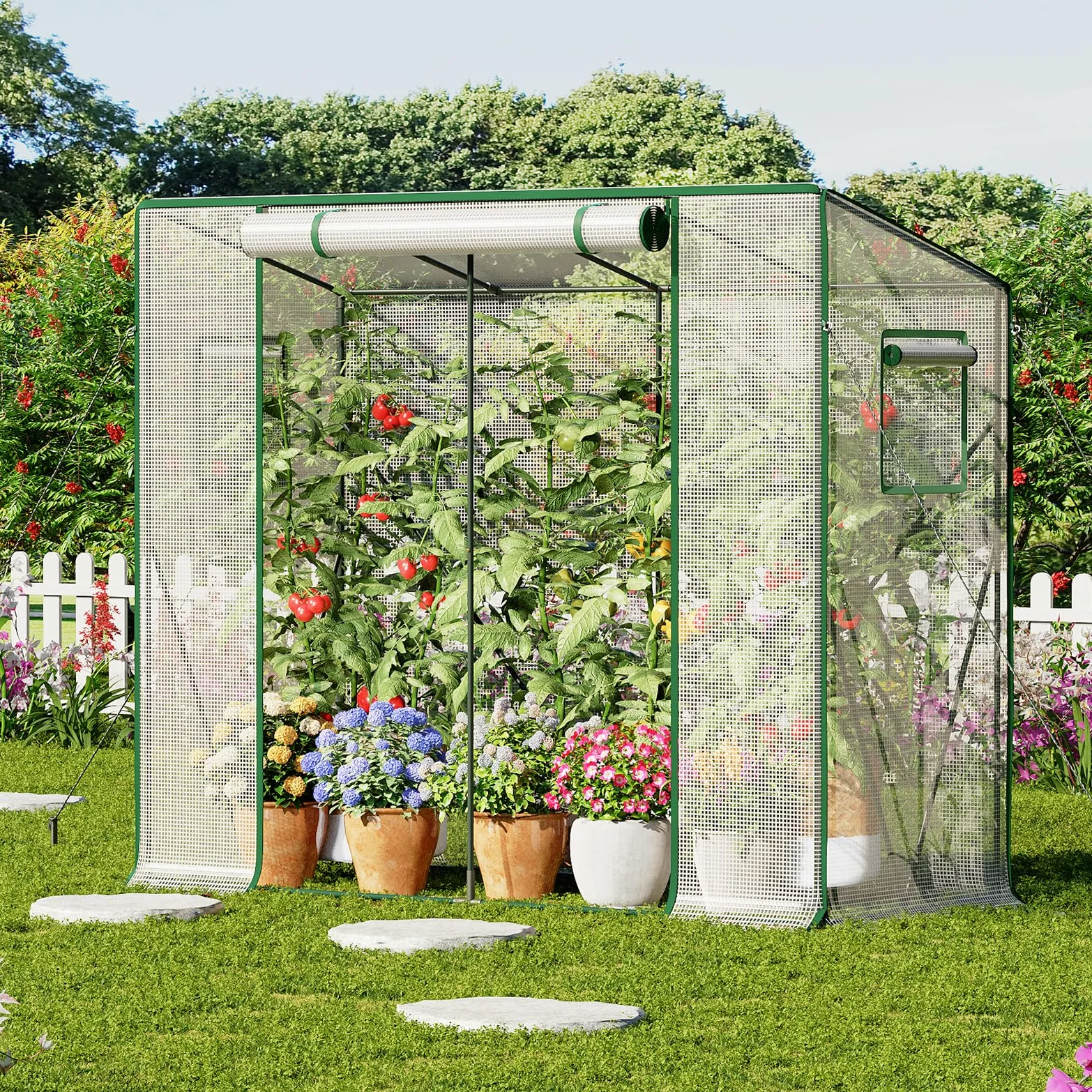 LARMNEE Serre de Jardin à Toit en Pente, Serre à Tomates Plastique, 200 x 77,5 x 170 cm, Abri Potager pour Plantes, avec Porte Enroulable, Anti-UV, pour Balcon, Jardin, Blanc EWT30GH02G3