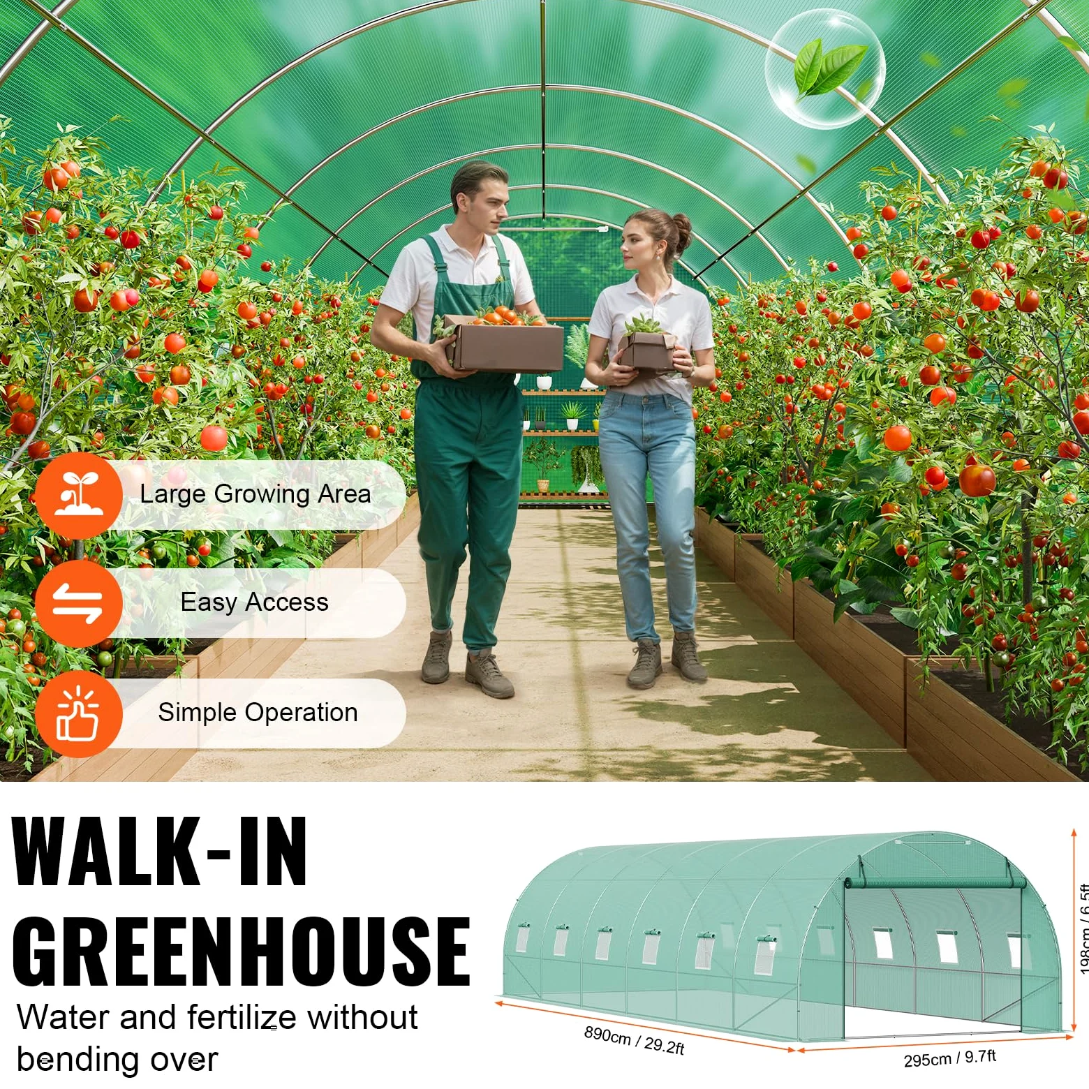 VEVOR Serre Tunnel Jardin, 890x295x198 cm, Tente Abri Plantes avec Cadre en Acier Galvanisé, Couverture en PE Verte, Porte à Glissière Enroulable, 12 Fenêtres, pour Extérieur Cultiver Légumes Fleurs