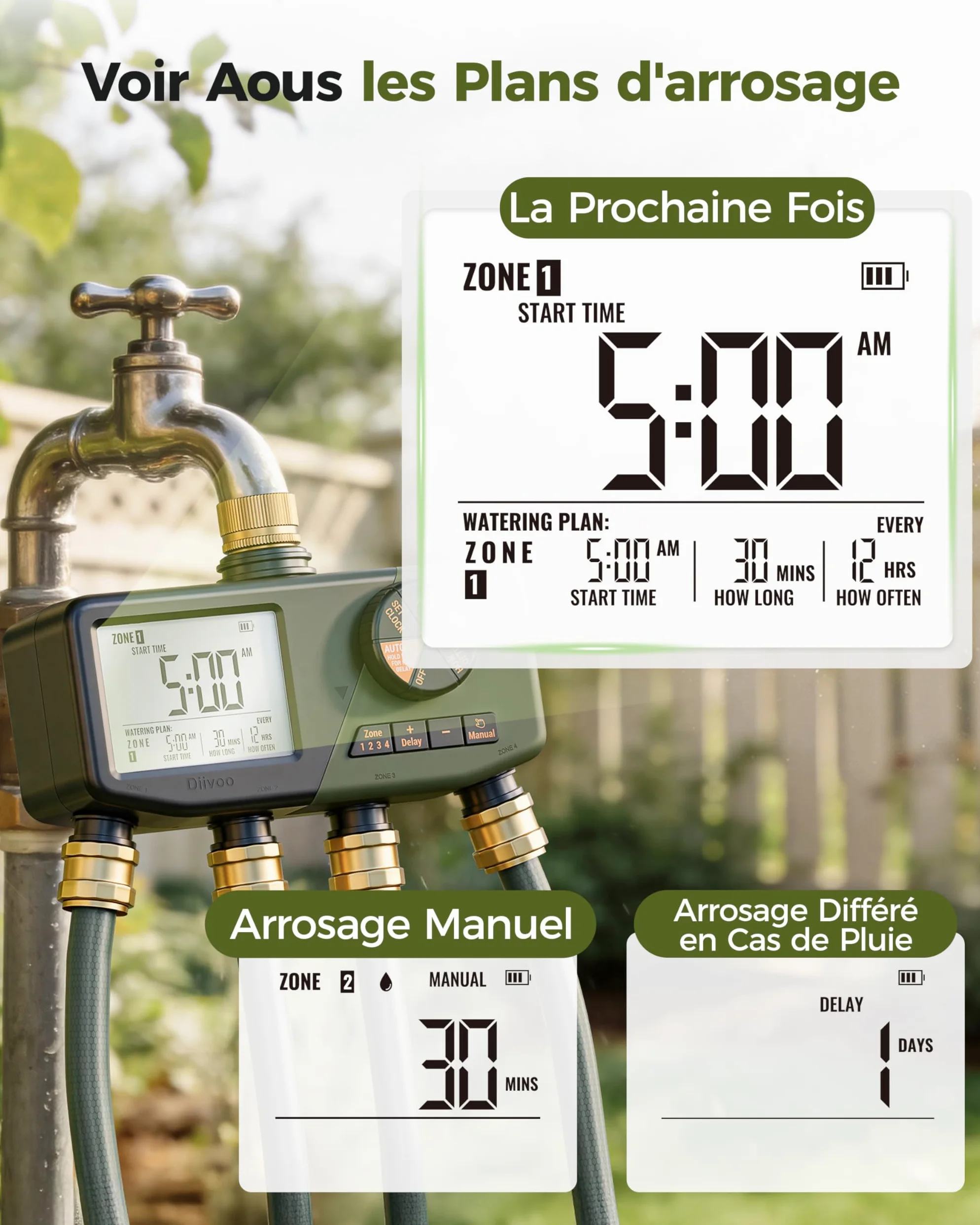 Diivoo IP68 Programmateur Arrosage 4 Voies avec Entrée en Laiton | Grand Écran LCD, Retard de Pluie, Arrosage Manuel/ Automatique, Convient pour Jardin, Pelouse