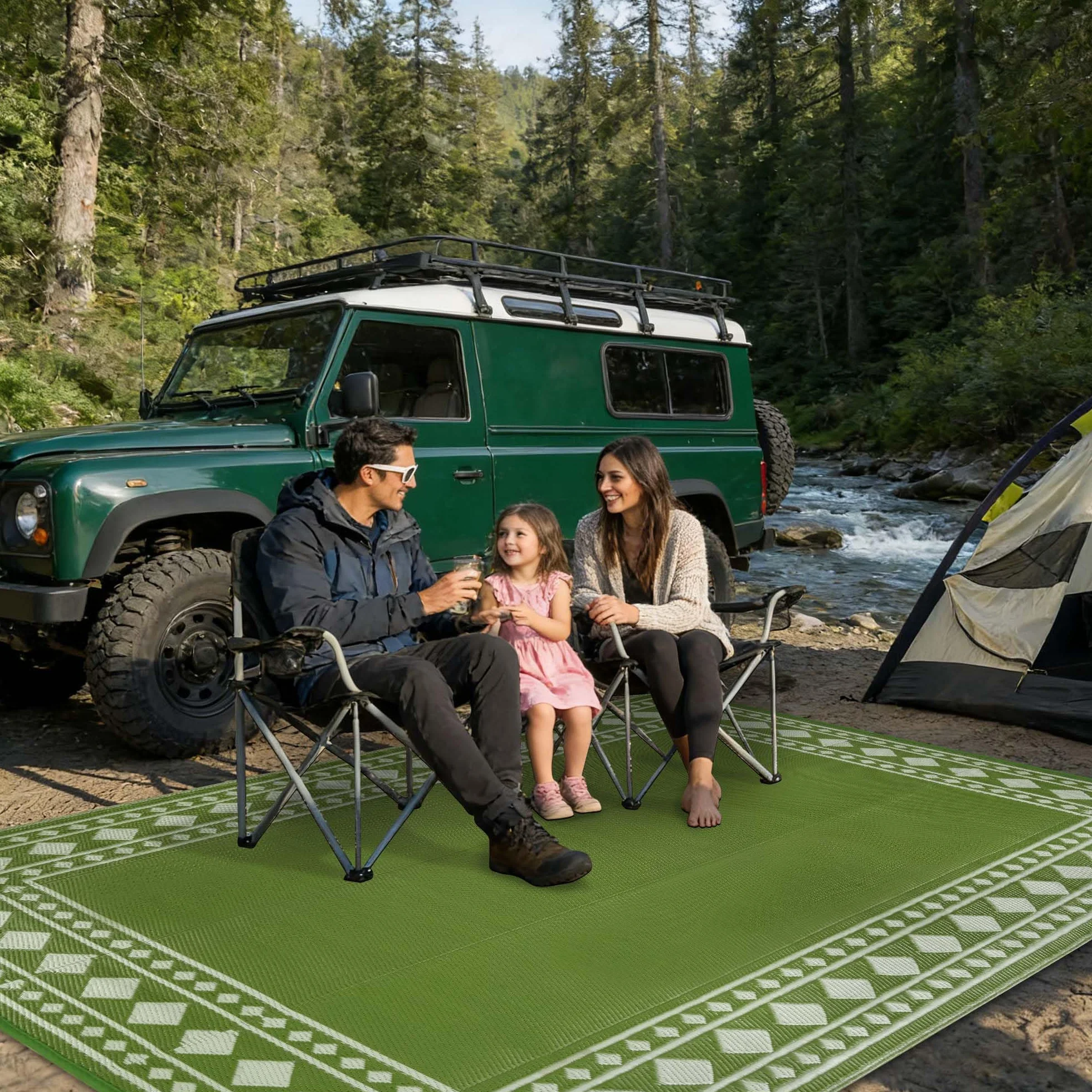 Homcomodar Tapis d'extérieur résistant aux intempéries, 180 x 270 cm, réversible, perméable à l'eau, tapis en plastique pour camping, terrasse, jardin, tente, pique-nique, vert