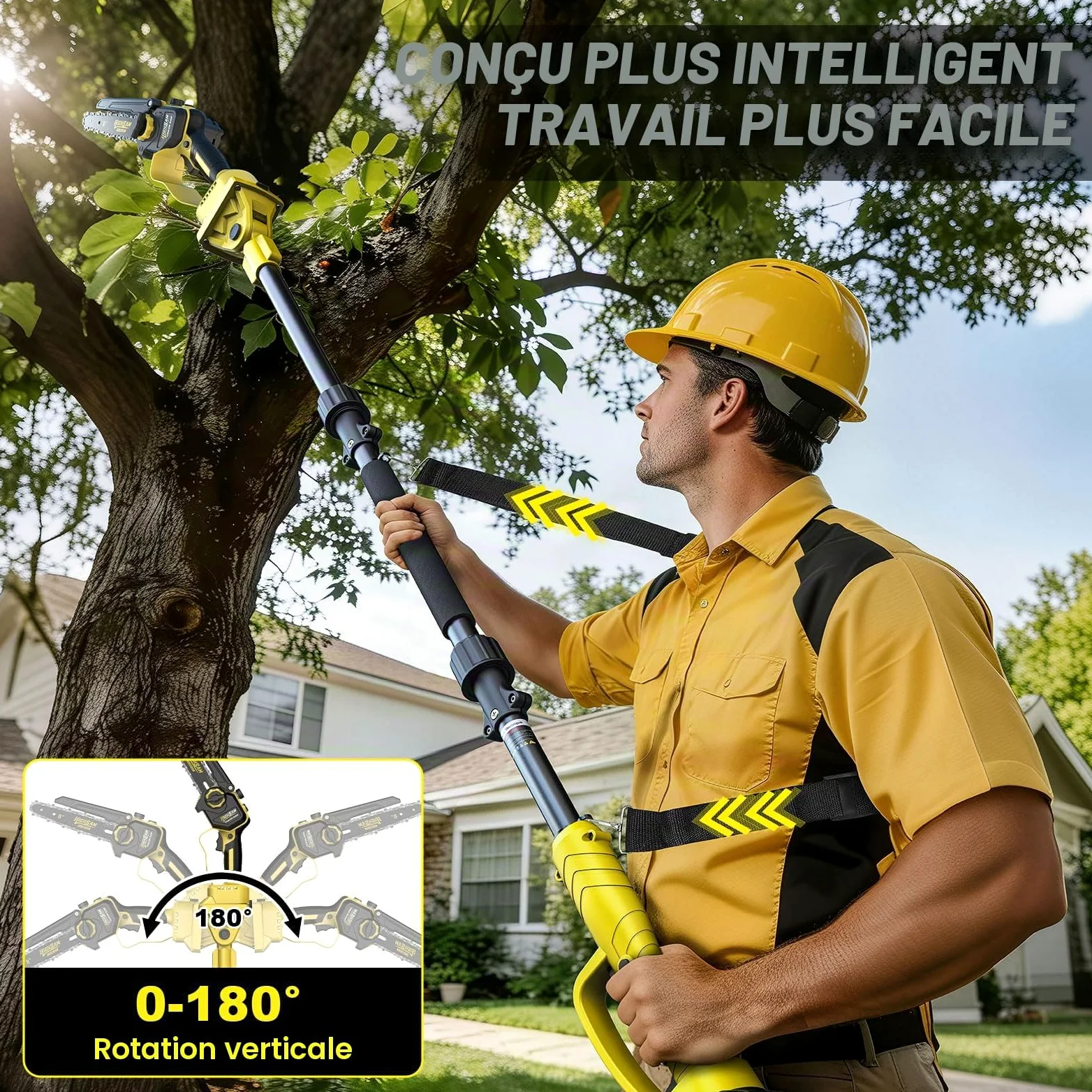 2-en-1 Tronçonneuse à Batterie & Scie à Élaguer, Moteur Sans Balais Compatible Makita 18V, 8 Pouces Mini Tronçonneuse, 2×4.0Ah, Perche 4.2m, Tête 180°, Élagage Branches & Coupe Bois