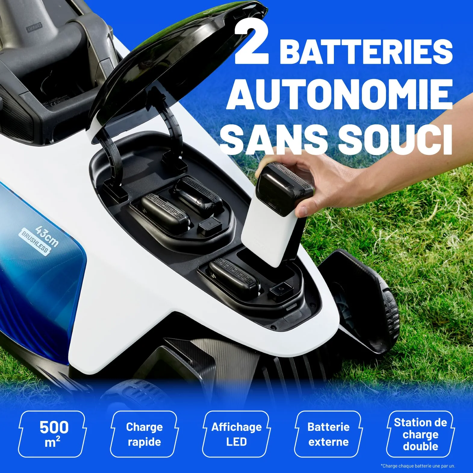 Litheli Easysurge Tondeuse à Gazon sans Fil 43cm, 2X 20V Batteries 4.0Ah, Autotractée (2,2-4,7 km/h), Bac 50L, 25-75 mm Hauteur Réglable, pour Pelouses jusqu'à 500m²
