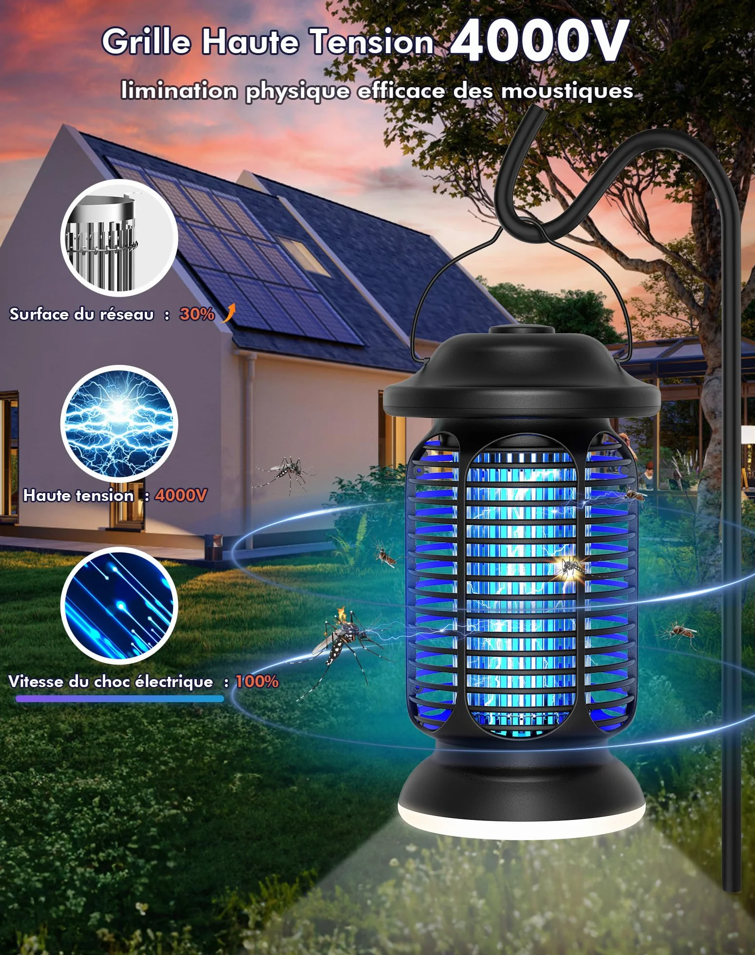 Lampe Anti Moustique 4000V Tue Mouche Électrique 20W UV IPX4 Étanche Piège à Insectes Extérieur Intérieur