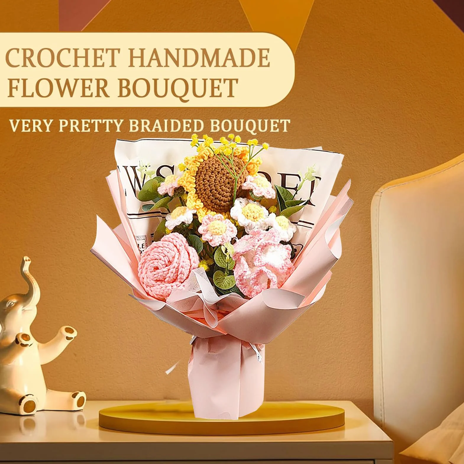 Bouquet de Fleurs au Crochet Fait Main, Tournesol Artificiel, Roses, Marguerites, Kit Cadeau Fête des Mères