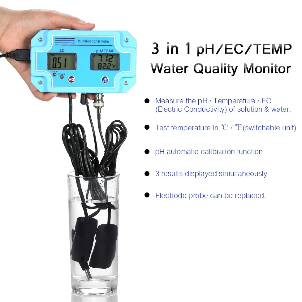 Irfora Professionnel 3 en 1 pH/CE/Temp Mètre Détecteur d'eau Multi-paramètre Numérique LCD Tri-Mètre Multi-Fonction Qualité de l'eau Moniteur Multiparamètre Qualité de l'eau Testeur