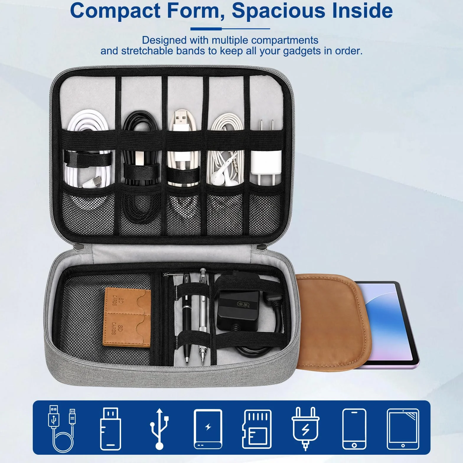 AiQInu Pochette Organisatrice Électronique avec Poche iPad Mini, Fente pour Carte SD, Gris