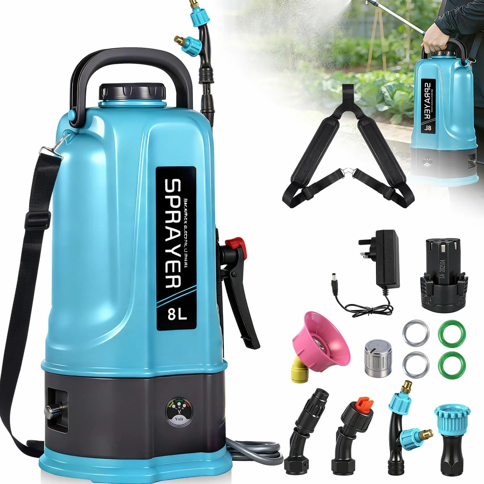 Pulvérisateur de Jardin 8L | Pulvérisateurs à Pression | 12V 45PSI Vaporisateur Plante par Batterie | 5 Buses, Pulvérisateurs à Dos pour Vinaigre, Désherbage & Entretien des Plantes,Voiture