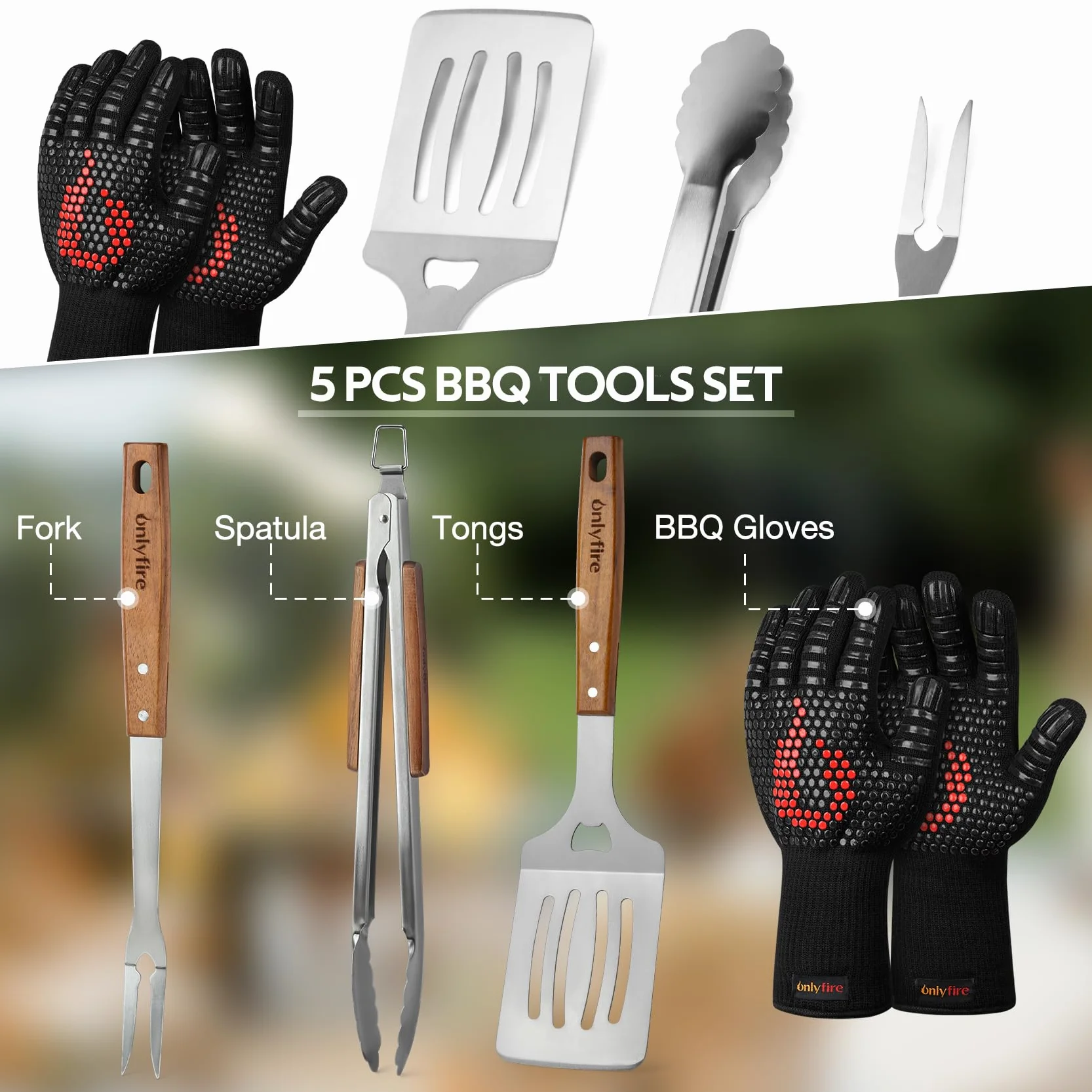 Onlyfire Set d'ustensiles de Barbecue 5 Pièces Acier Inoxydable Pince Spatule Fourchette Gants