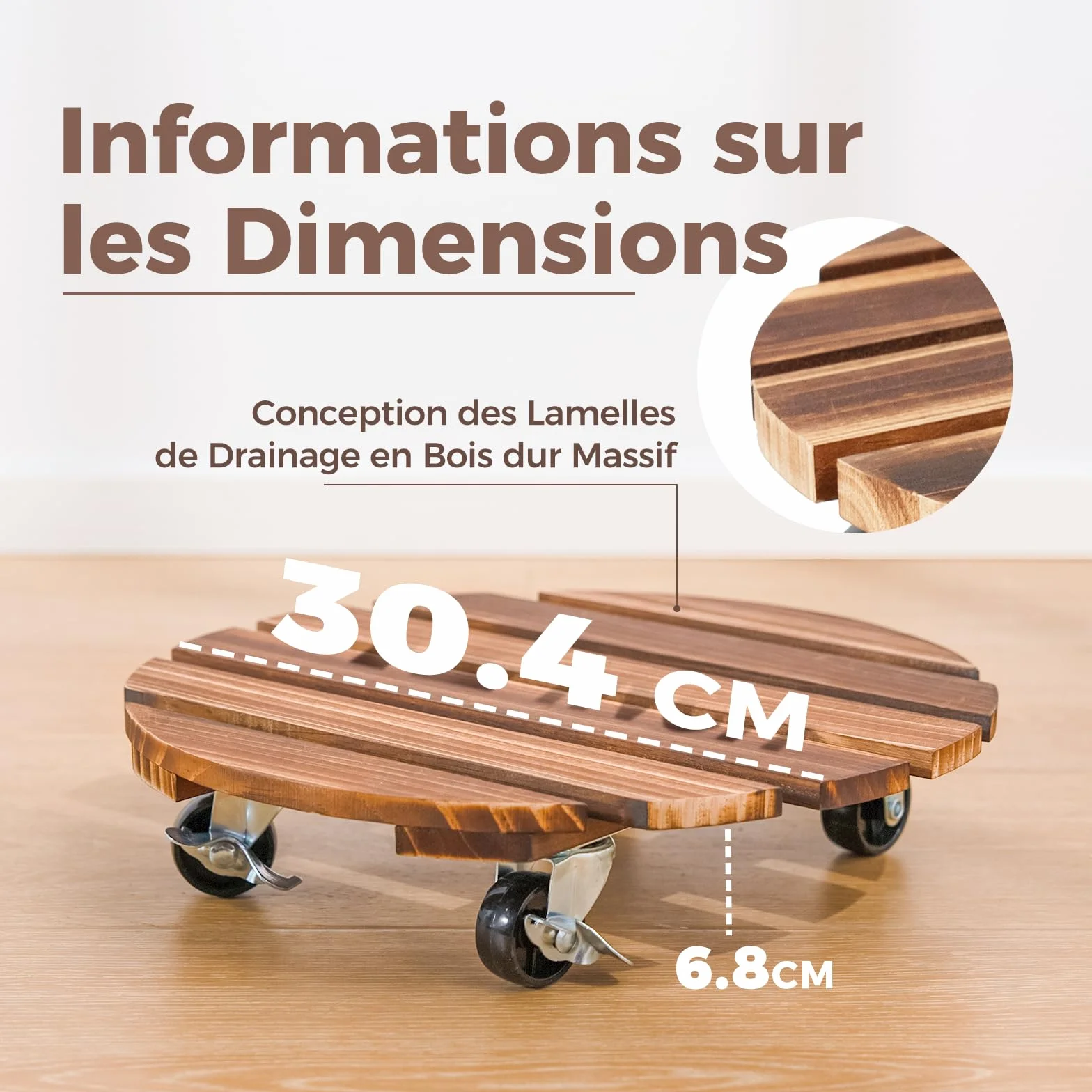 Bamworld Porte Plante à Roulettes, Lot de 2 Plateaux Roulants 30,5 cm, Capacité 100 KG, Marron Foncé