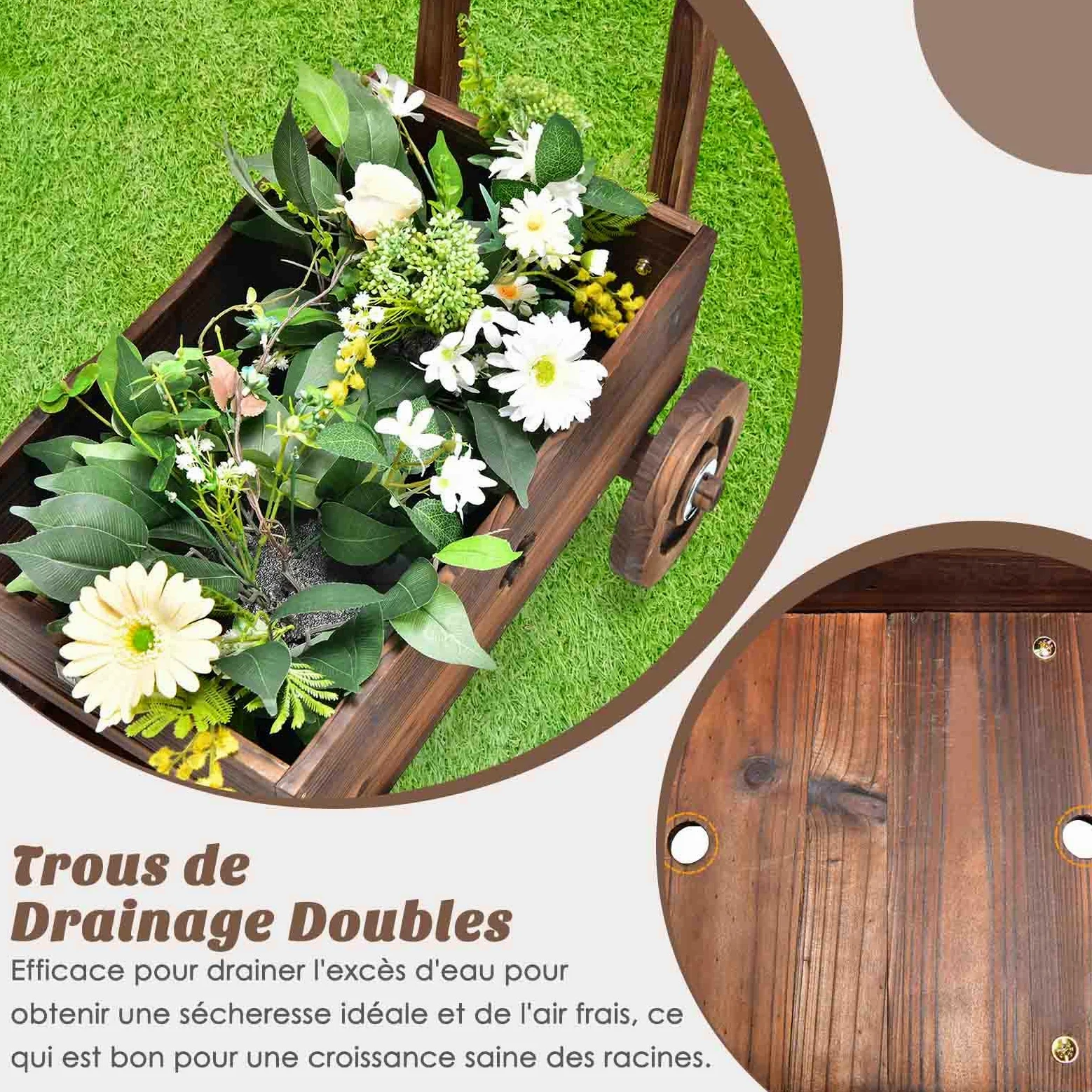 COSTWAY Brouette à Fleurs Jardinière en Bois de Sapin Carbonisé à Roues, Jardinière de Jardin avec Poignée et Trou de Drainage Charge 20KG, pour Patio Jardin Cour, 68 x 38,5 x 53,5 cm