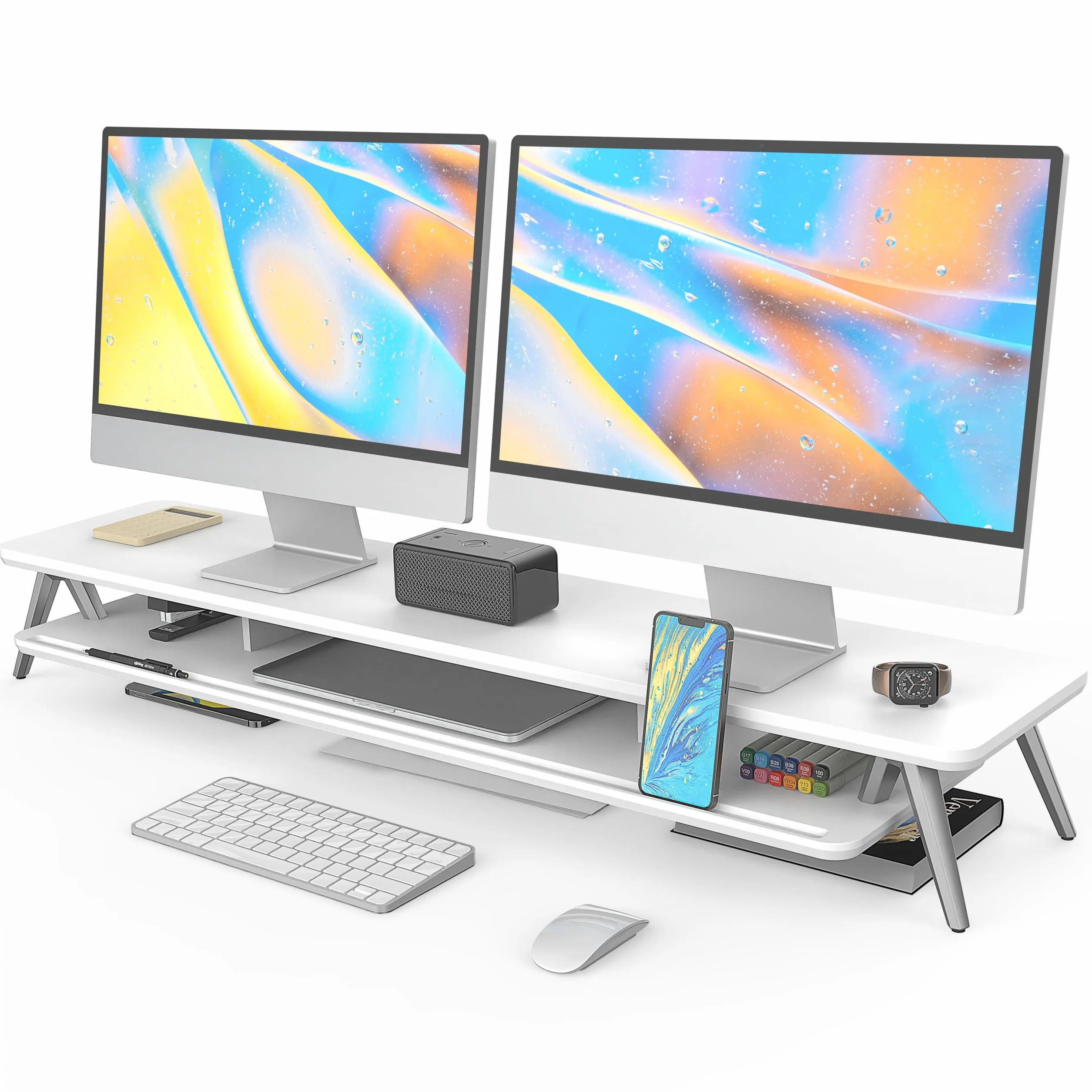 Rehausseur Écran Bureau en Bois et Métal avec Encoche pour Smartphone, Tablette et Stylo, 108cm, Blanc