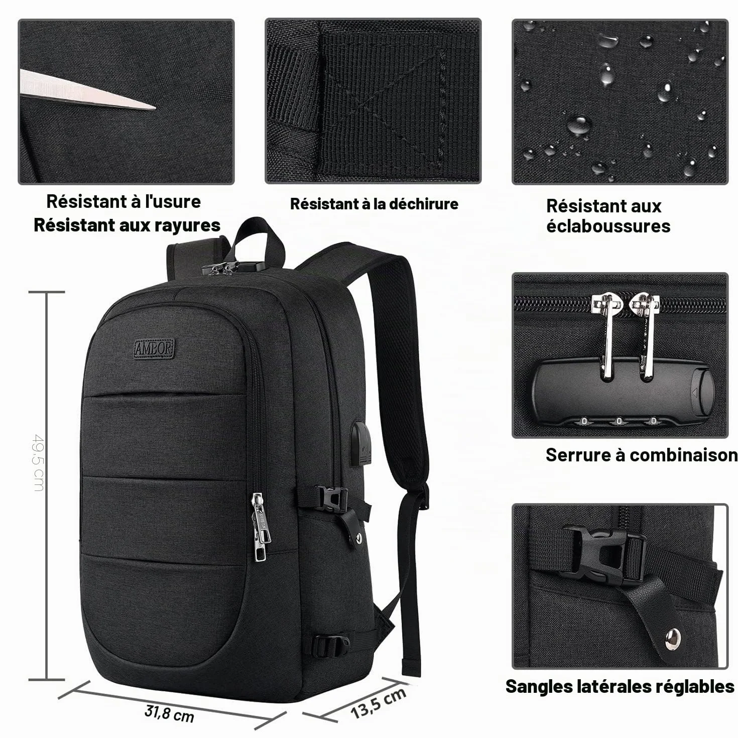 AMBOR Sac à Dos Ordinateur Portable 17.3 Pouces Imperméable avec USB Charging Port Noir