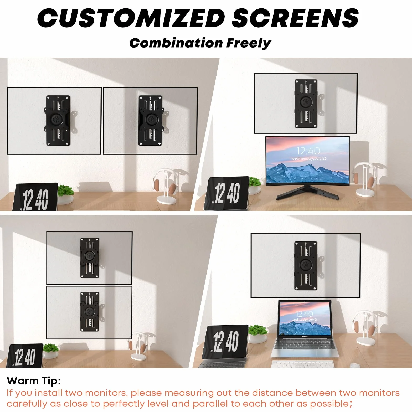 Support Mural Ecran PC Réglable Pivotant Inclinable pour Moniteur 13-35 Pouces VESA 100x100mm 10 kg