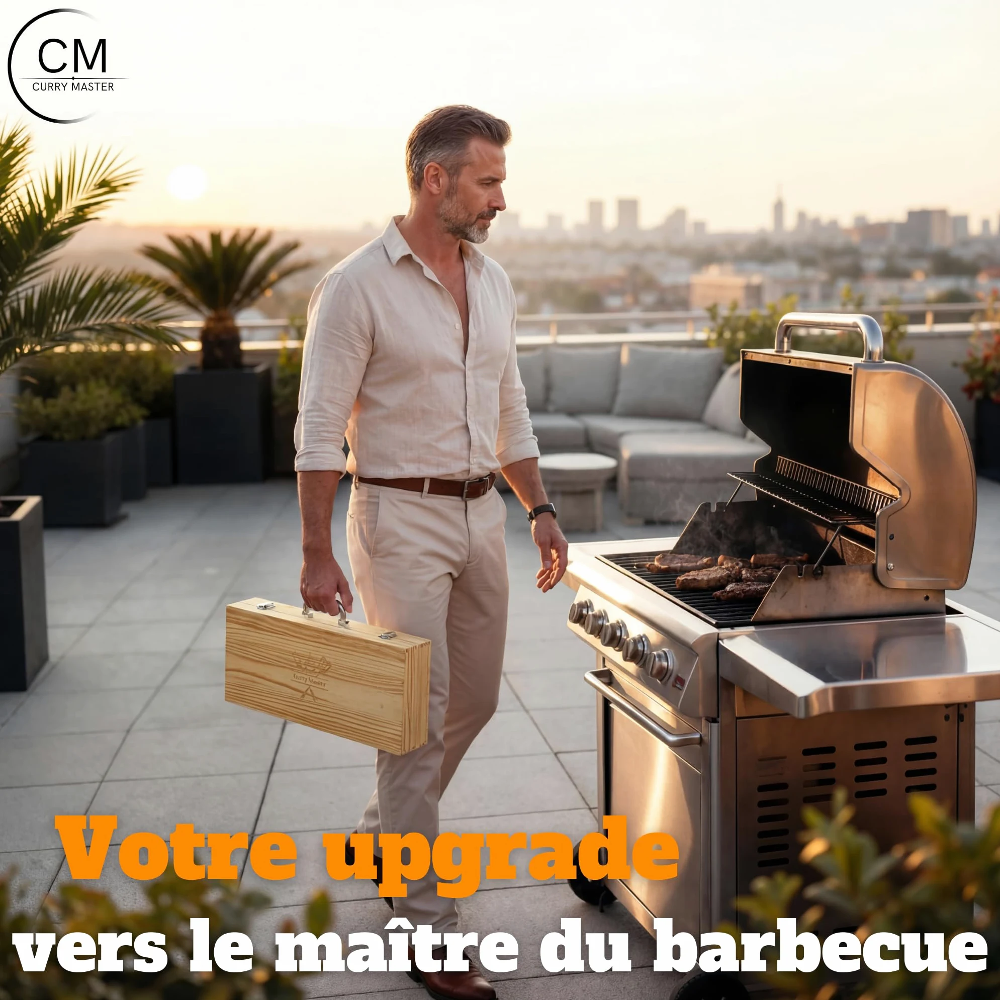Coffret Barbecue Homme - ustensiles Barbecue INOX dans Une Valise en Bois | Spatule 3-en-1 avec décapsuleur & lame, outils barbecue, cadeau fête des pères & Noël
