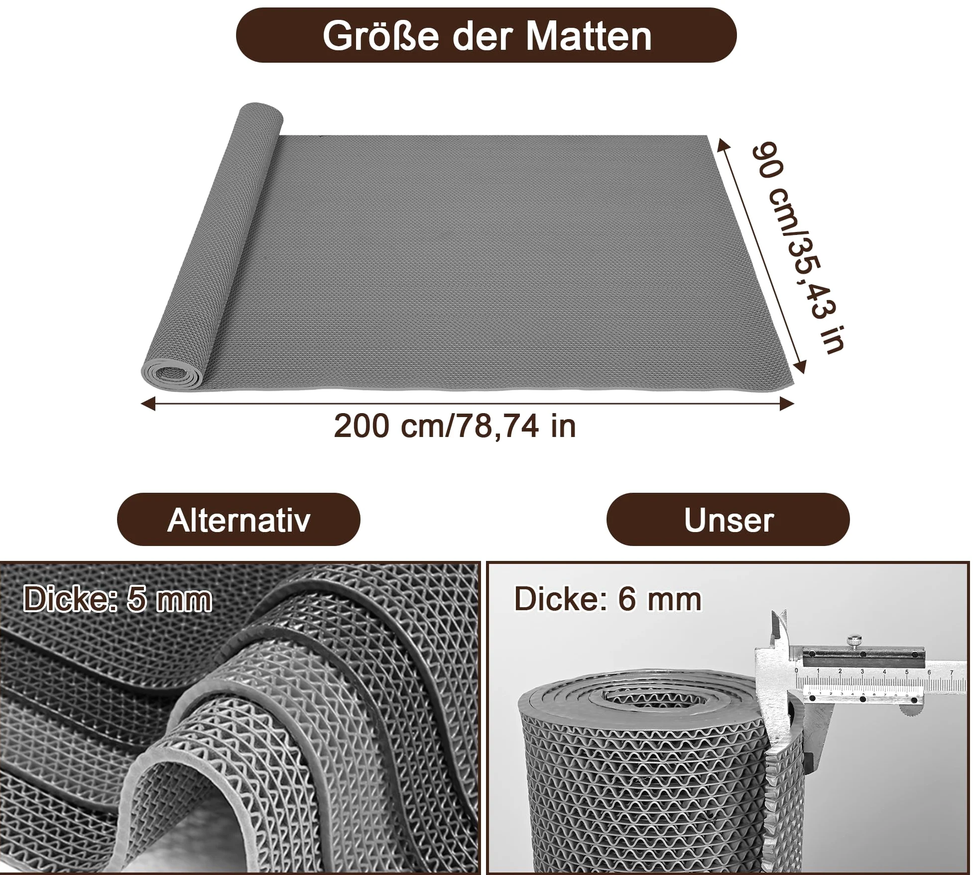 bimiti Tapis de sol de drainage, 90 x 200 cm, en PVC, épaisseur 6 mm, antidérapant, tapis commercial, tapis de douche creux en maille pour zones humides, cuisine, piscine, buanderie, restaurant, gris