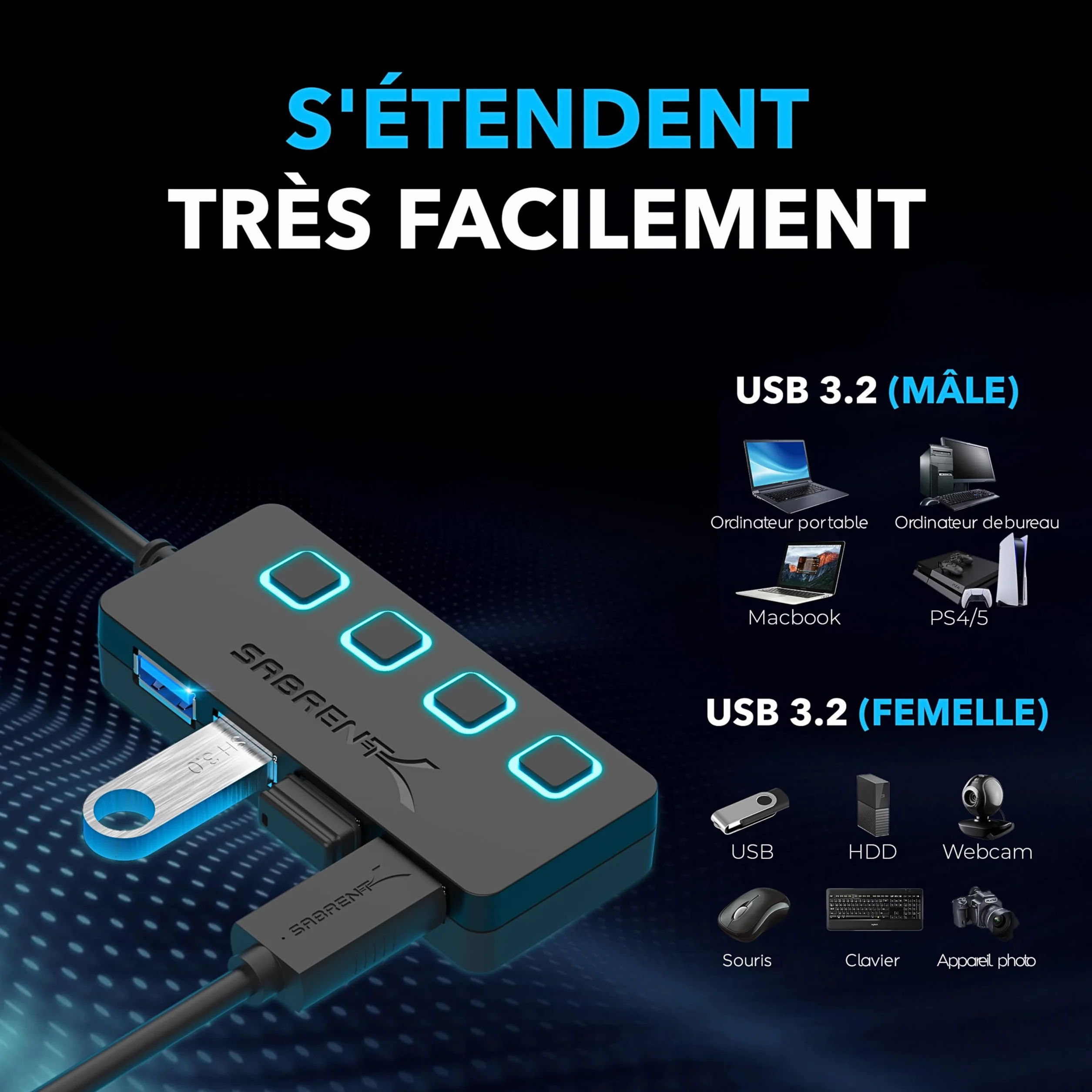SABRENT Hub USB 3.0 Alimenté 4 Ports 5 Gbps avec Commutateurs et Voyants Individuels HB-UMP3