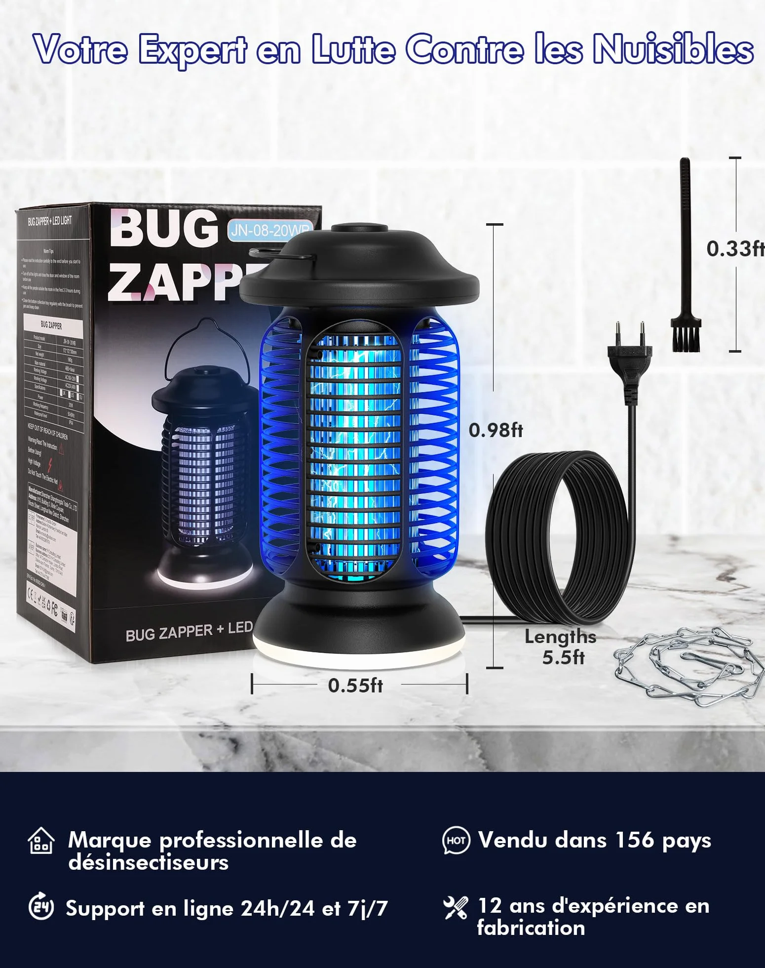 Lampe Anti Moustique 4000V Tue Mouche Électrique 20W UV IPX4 Étanche Piège à Insectes Extérieur Intérieur