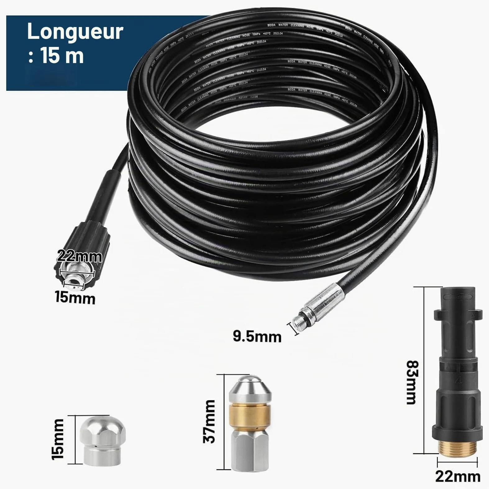 Tuyau de débouchage 15 m pour canalisation avec 3 adaptateurs et 2 buses | Flexible haute pression pour Karcher et Lavor, nettoyeur anti-bouchon, adapté aux canalisations, conduits et évacuations