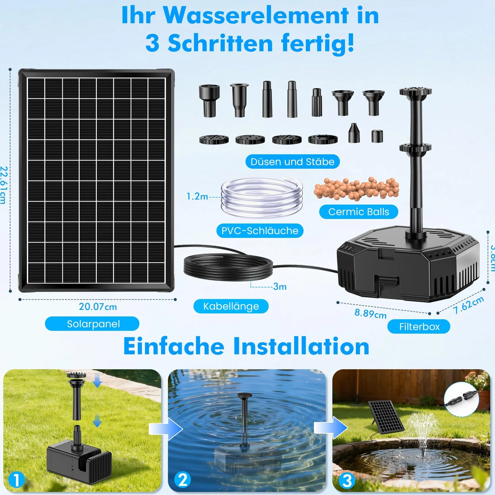 Biling Pompe à Eau Solaire 6W avec Batterie et 10 Buses pour Petit Étang jusqu'à 500L, Fontaine Solaire Extérieure