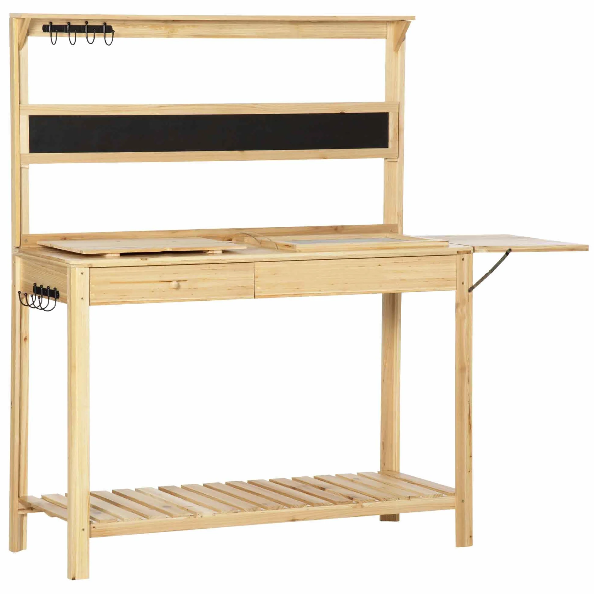 Outsunny Table de rempotage de jardin avec 2 étagères, tiroir, étagère pliante, 8 crochets, évier, tamis, planche en bois d'épicéa