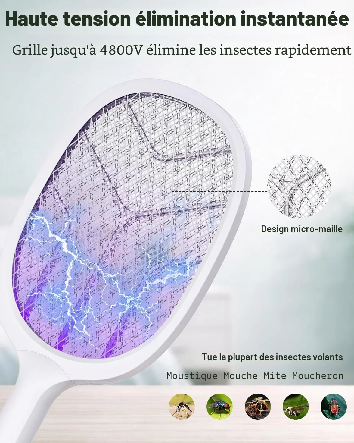 Raquette Électrique Insectes 4800V Anti Moustique 2 en 1 avec Lumière UV Rechargeable USB-C 2000mAh