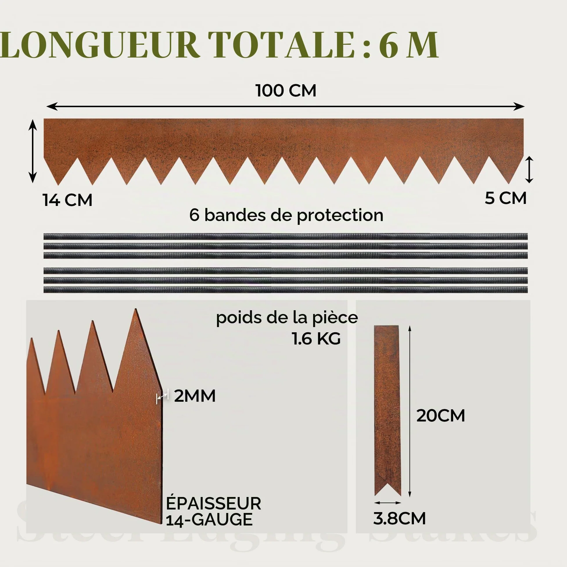 Lot de 6 bordures de pelouse en acier Cor-Ten avec bande adhésive - 1 m (L) x 14 cm (H) - Revêtement en poudre marron - Bordure de paysage - Séparateur de jardin - 7 clips - K649B04