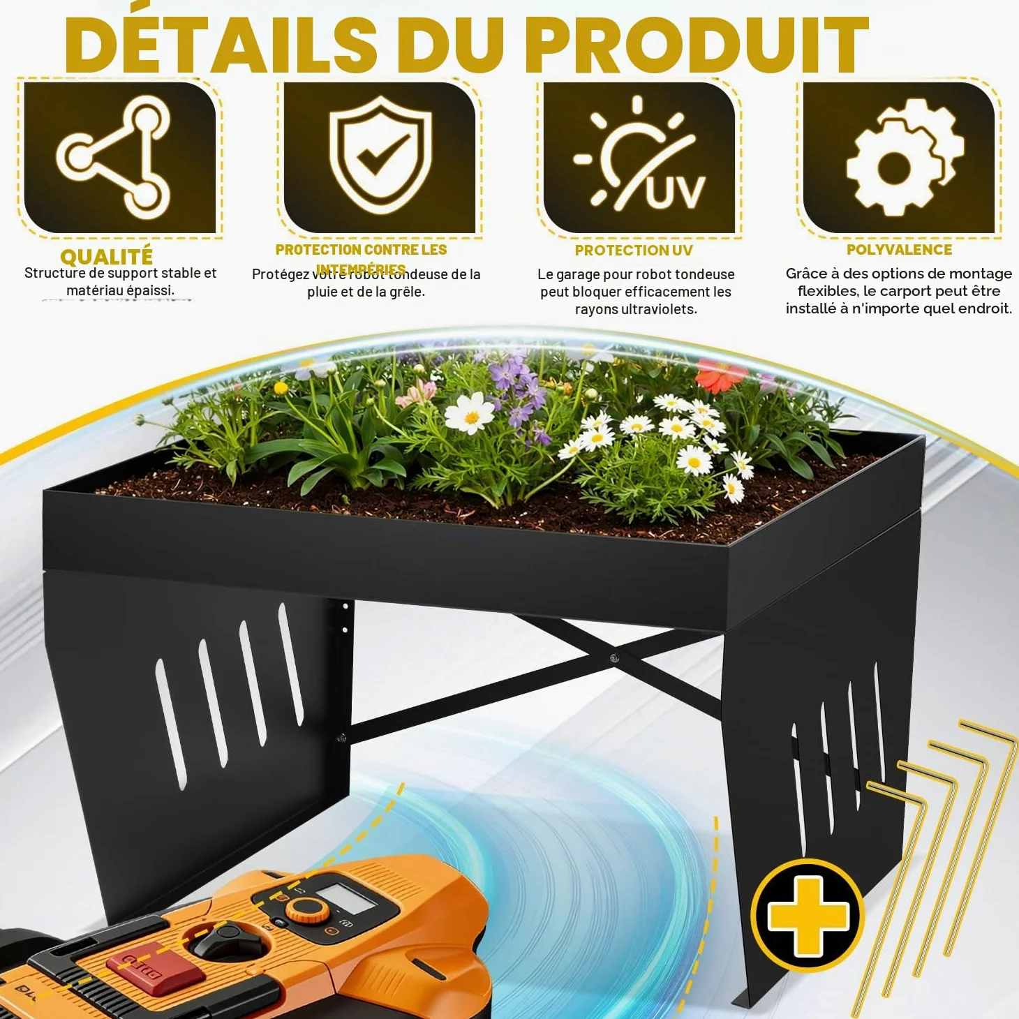 Garage pour robot tondeuse avec bac à plantes, toit en acier revêtu par pulvérisation pour robot à gazon, avec 4 ancrages au sol pour un maintien résistant aux tempêtes, protection contre la