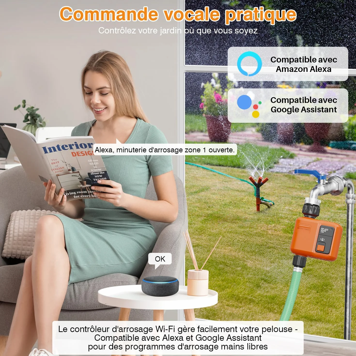 Programmateur Arrosage WiFi 300 Mètres RF Minuteur Automatique Alexa App Retard Pluie Irrigation