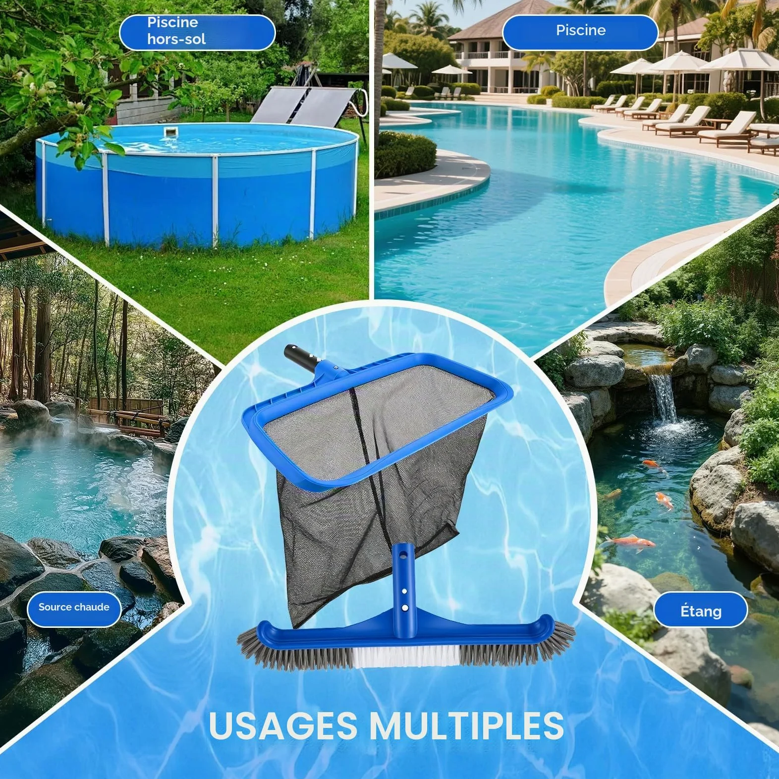 Kit de Nettoyage pour Piscine - Épuisette Piscine à Mailles Extra Fines et Brosse Piscine 45cm avec Manche 4 Sections pour Skimmer, Ramassage Feuilles - Accessoire Piscine Hors Sol