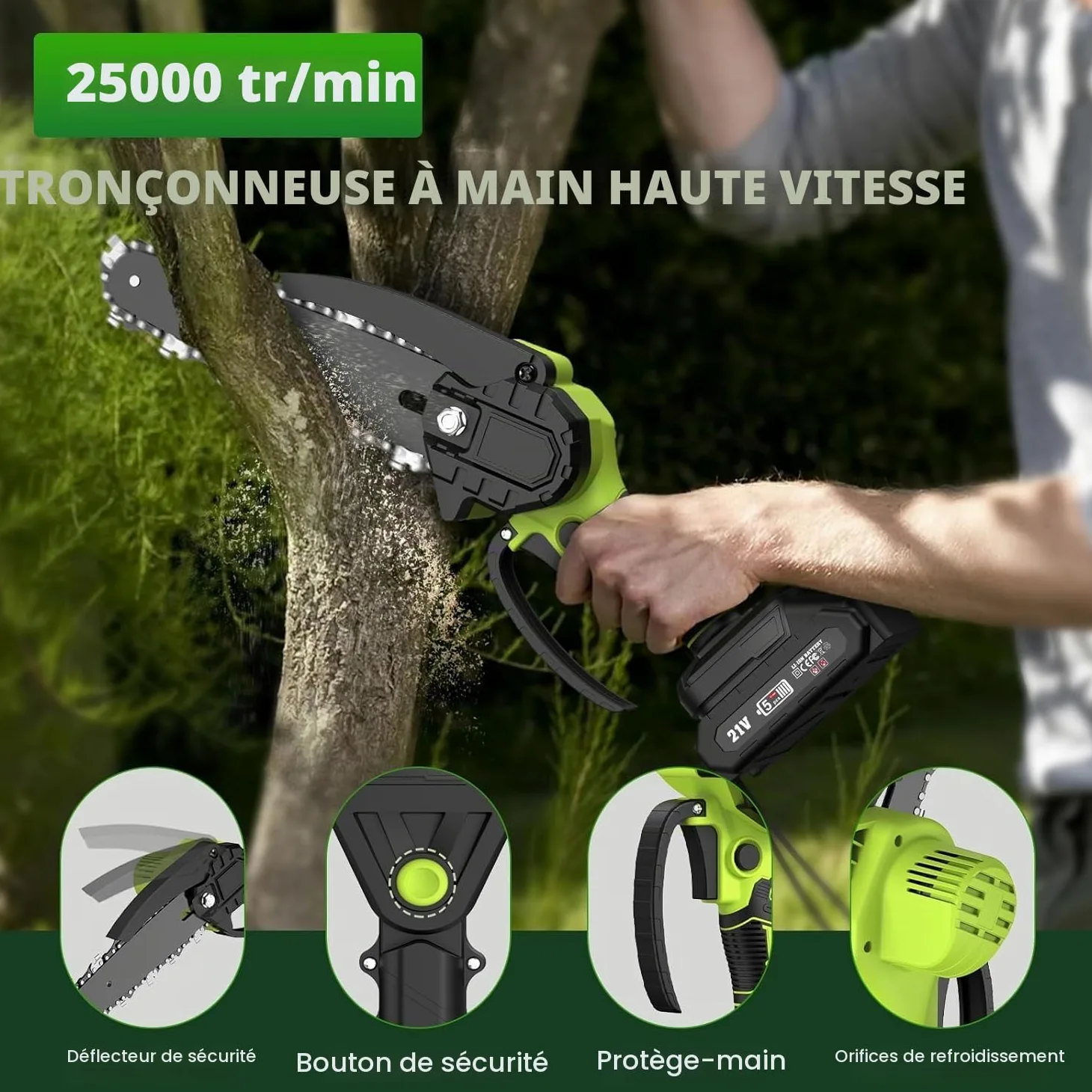 Tronçonneuse Électrique et Taille Haie sans Fil avec Perche 4 en 1, Élagueuse sur Perche avec 4 Chaînes 2 Batteries Taille Haies Telescopique, Angle Réglable, Idéal Jardin Verger Élagage/Taille Haie