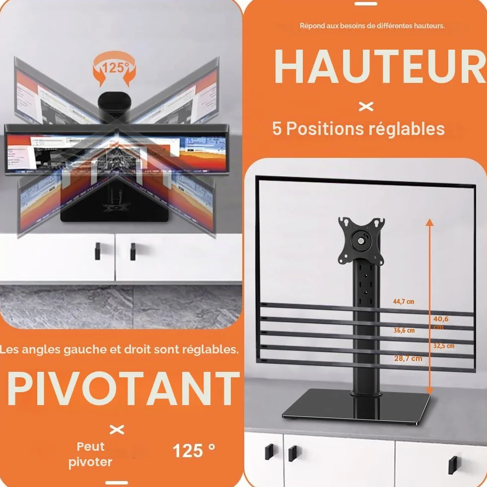 KKTONER Support d'Écran d'Ordinateur VESA 13-32 Pouces Réglable en Hauteur Pivotant 75x75mm 100x100mm