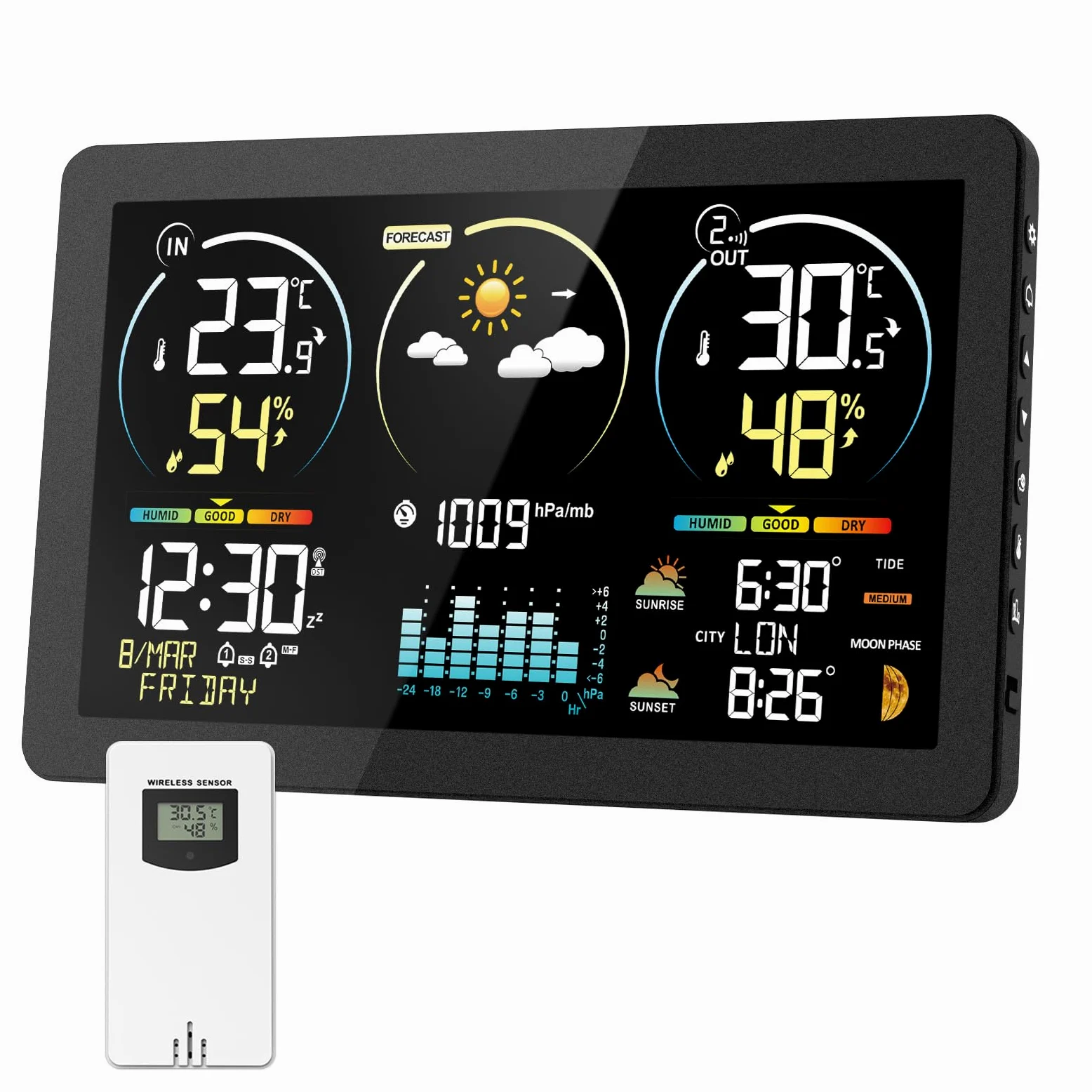 Station Météo Intérieur Extérieur Sans Fil avec 1 Capteur Extérieur | Thermomètre Hygromètre Digital, Écran LCD Couleur, Horloge Radio-commandée, Réveil Snooze, Calendrier, Prévisions Météo