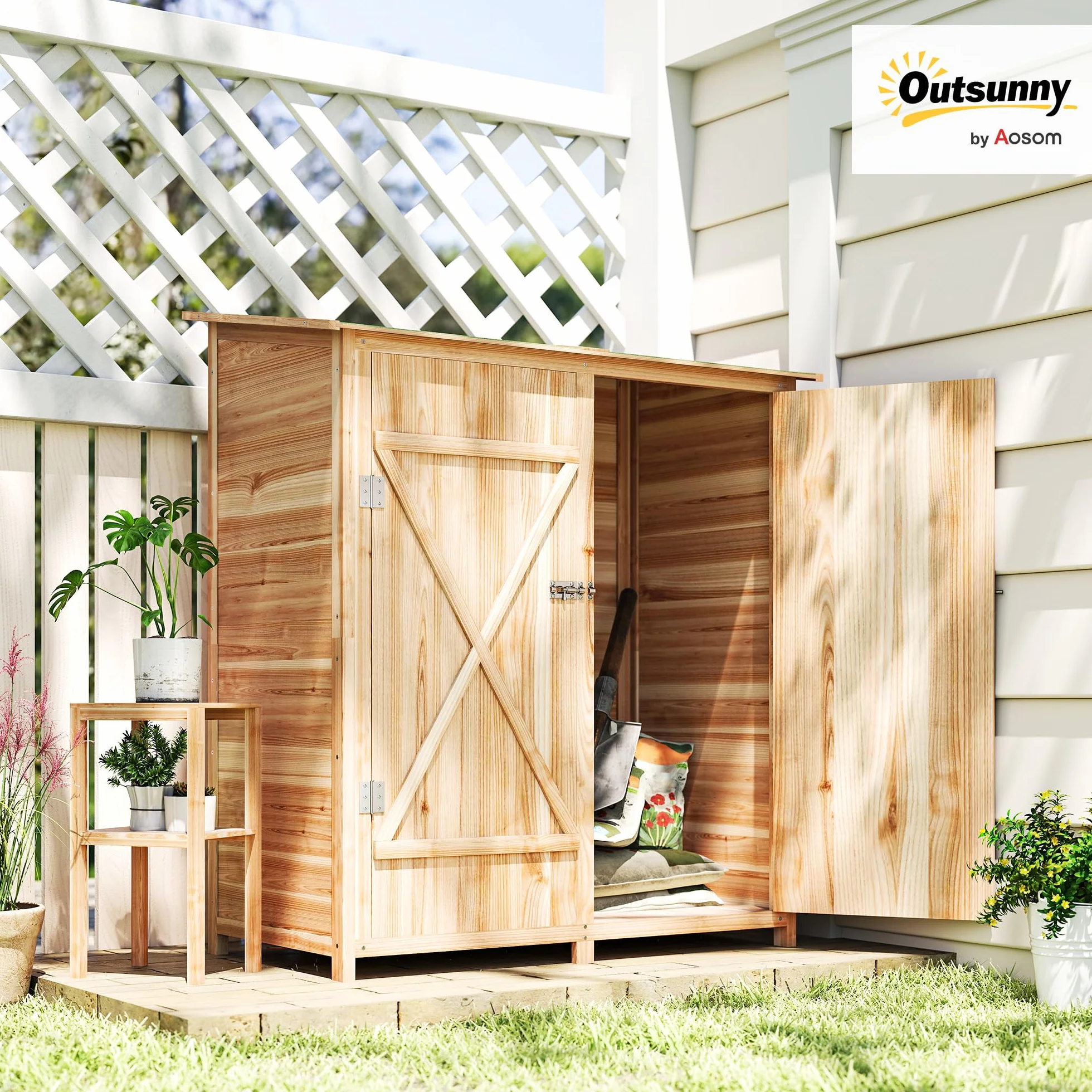 Outsunny Armoire de Jardin Cabane à Outils 2 Portes verrouillables Toit en Bitume imperméable Bois de Sapin 140x75x157 cm