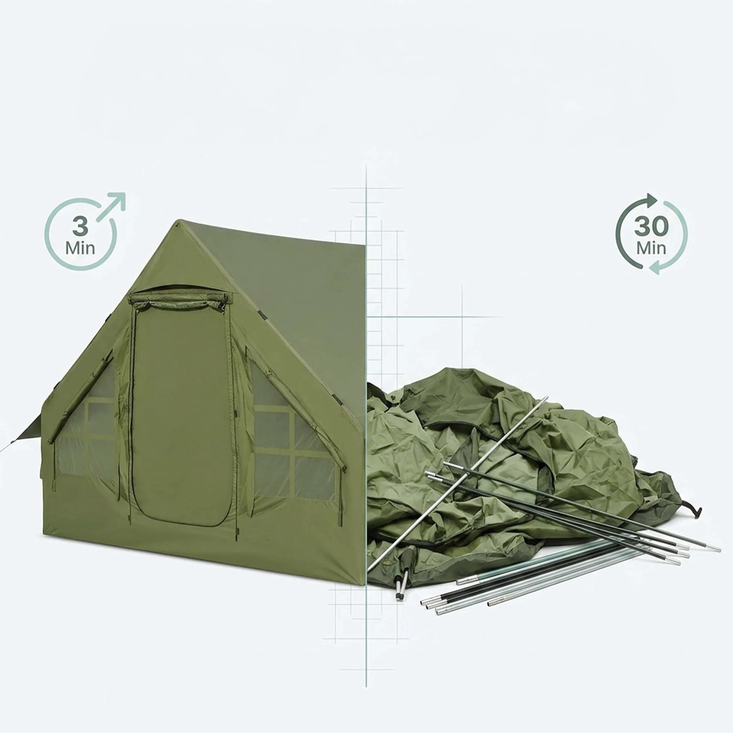 Relaxdays Tente de Camping Gonflable 200x300x210 cm, Montage Rapide, Verte | Tente gonflable étanche, moustiquaire, pompe