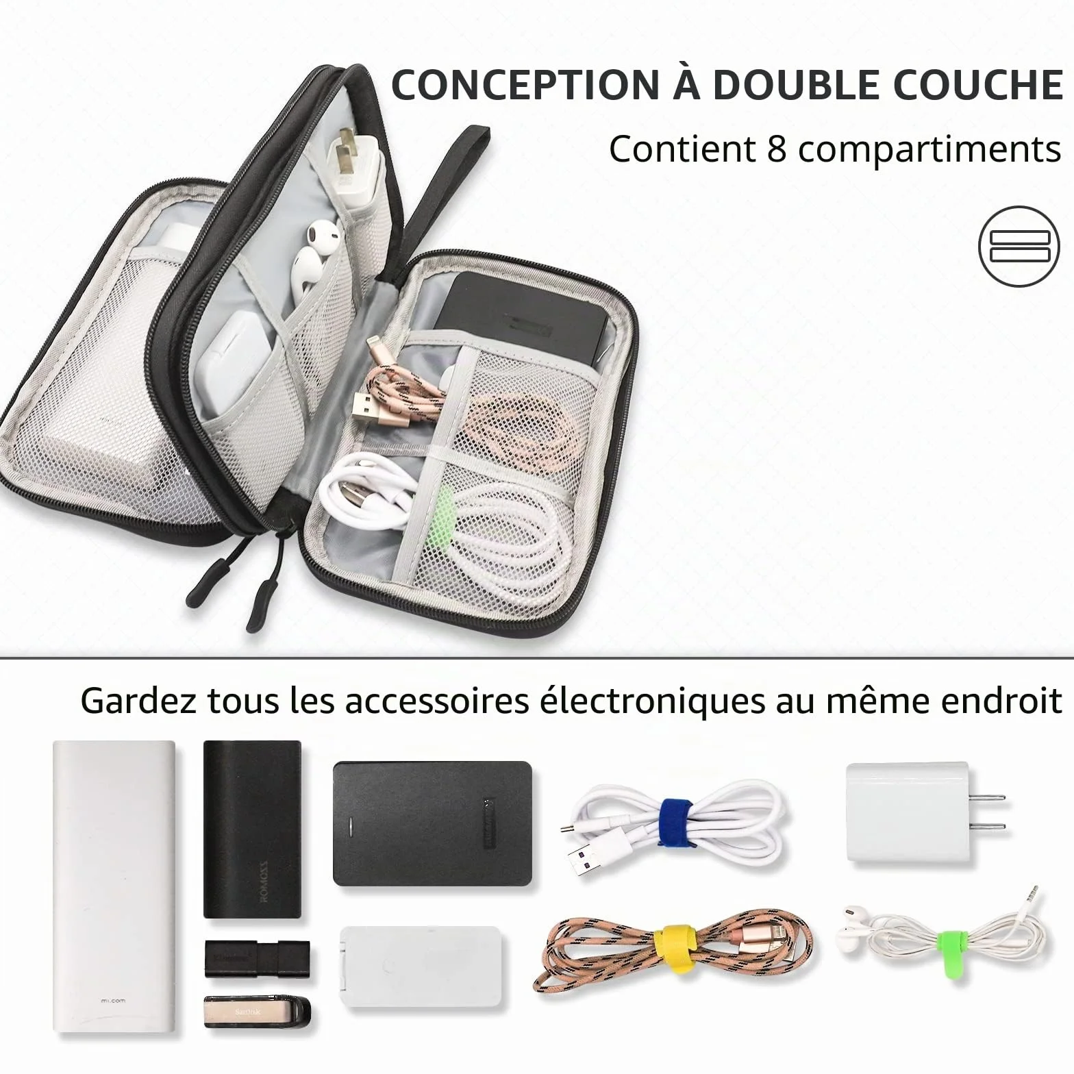 Teskyer Sac de Rangement Câble Étanche Antichoc 2 Couche Noir