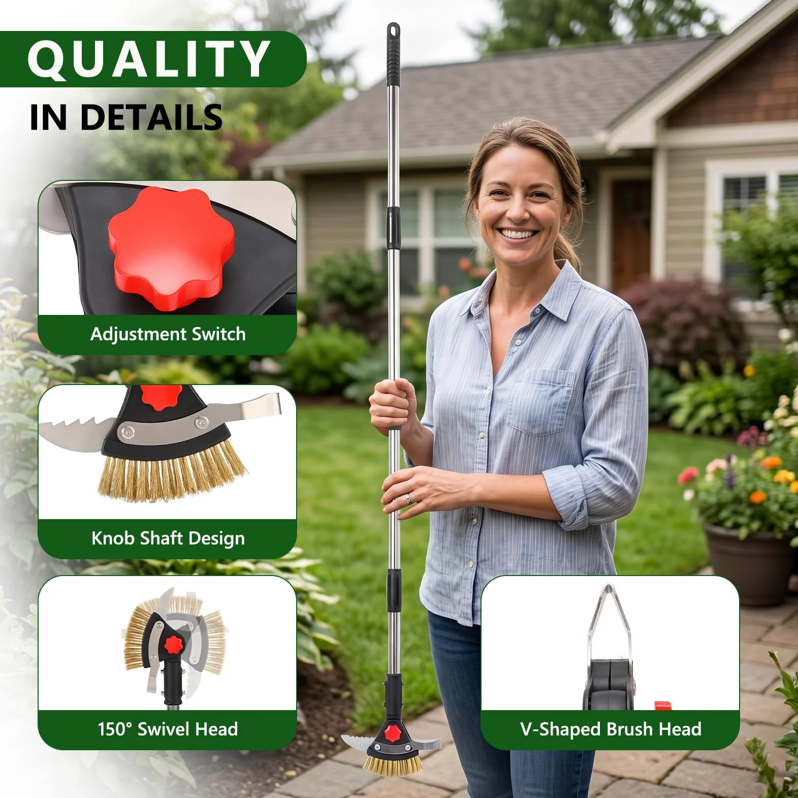 3-en-1 Grattoir à Mauvaises Herbes, à Long Manche Réglable | 1 Brosse Anti-Mousse, 2 Grattoirs en Acier Inoxydable, pour Eliminer les Mauvaises Herbes, Mmousse des Joints, Bords de Murs